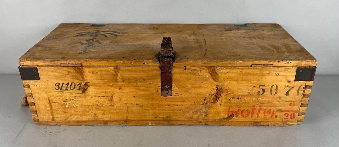 1938 WW2 German Afrikorps Wood Ammunition Box: Stamped 1938 on each end. Leather enclosure, measures 7 1/2 x 27 x 11 inches