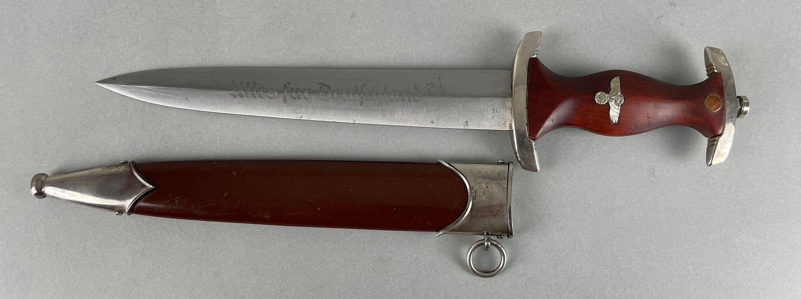 WW2 German SA M7/40/37 Dagger with Scabbard: RZM on blade, engraved alles fur Deutschland . Measures 13 1/2 inches with 8 5/8 inch blade