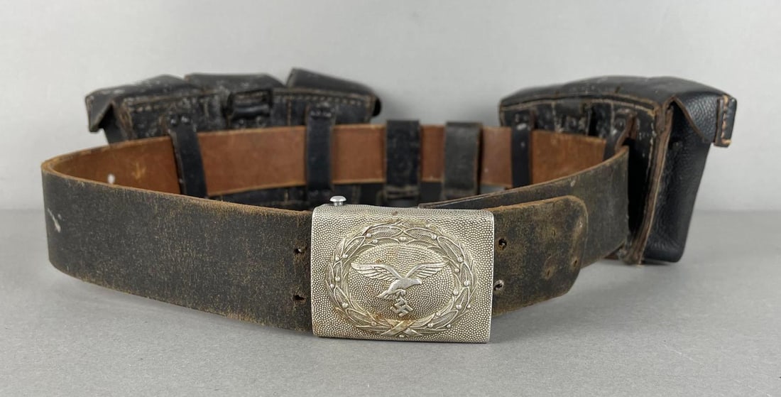 WW2 German Army Belt with Ammunition Pouches: Luftwaffe nco buckle, 7.9MM cal. 98k pouches. Belt measures 40 1/2 inches