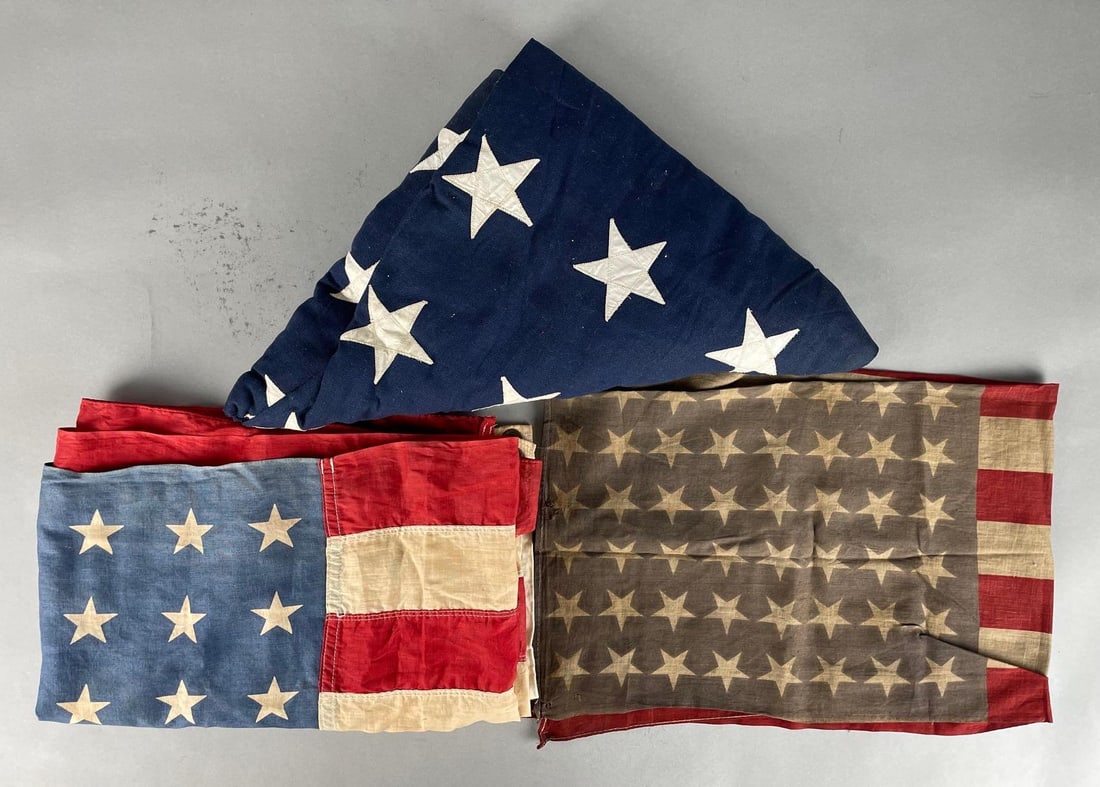 Group of 3 - 48 Star American Flags: Some holes, largest unfolded flag measures 33 x 57 inches
