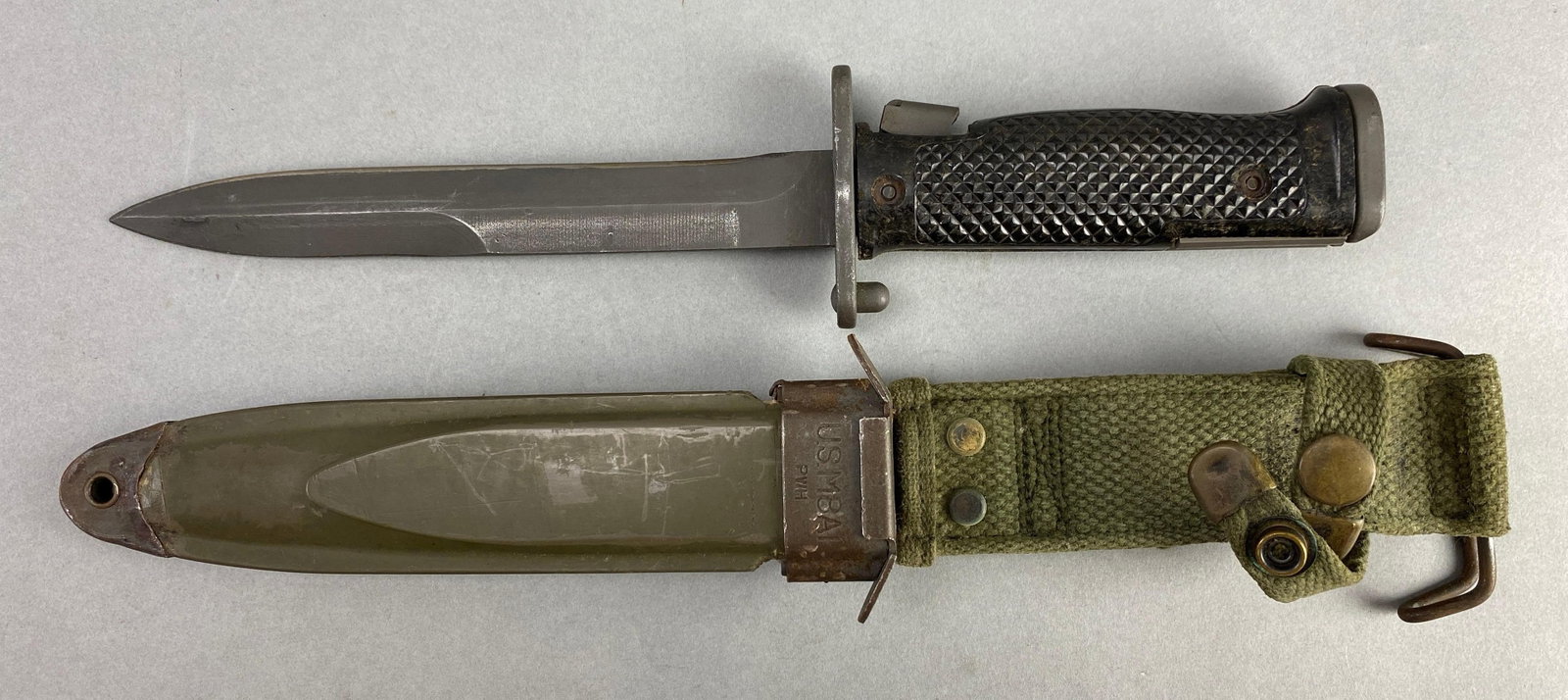 US J and D Tool Co. M5-1 Rifle Bayonet with M8A1 Scabbard and Frog: Measures 11 1/2 inches in length with a 6 1/4 inch blade