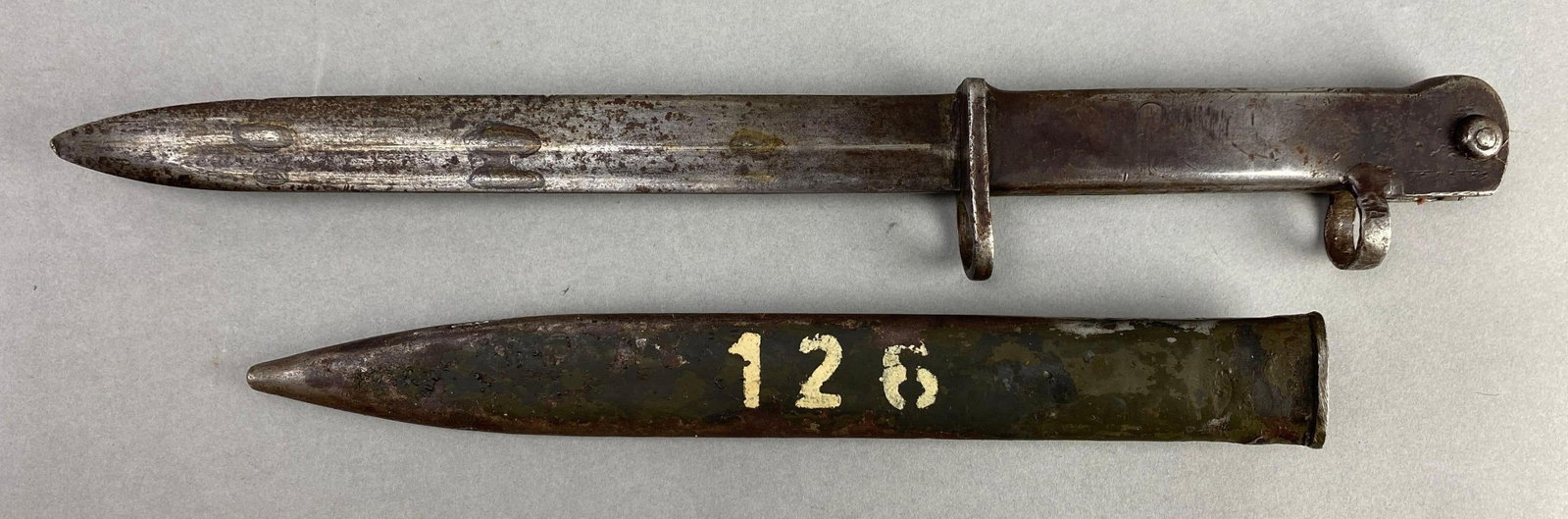 Turkish Double Muzzle Ring FN-Fal Rifle Bayonet with Scabbard: Measures 14 1/2 inches in length with a 9 inch blade