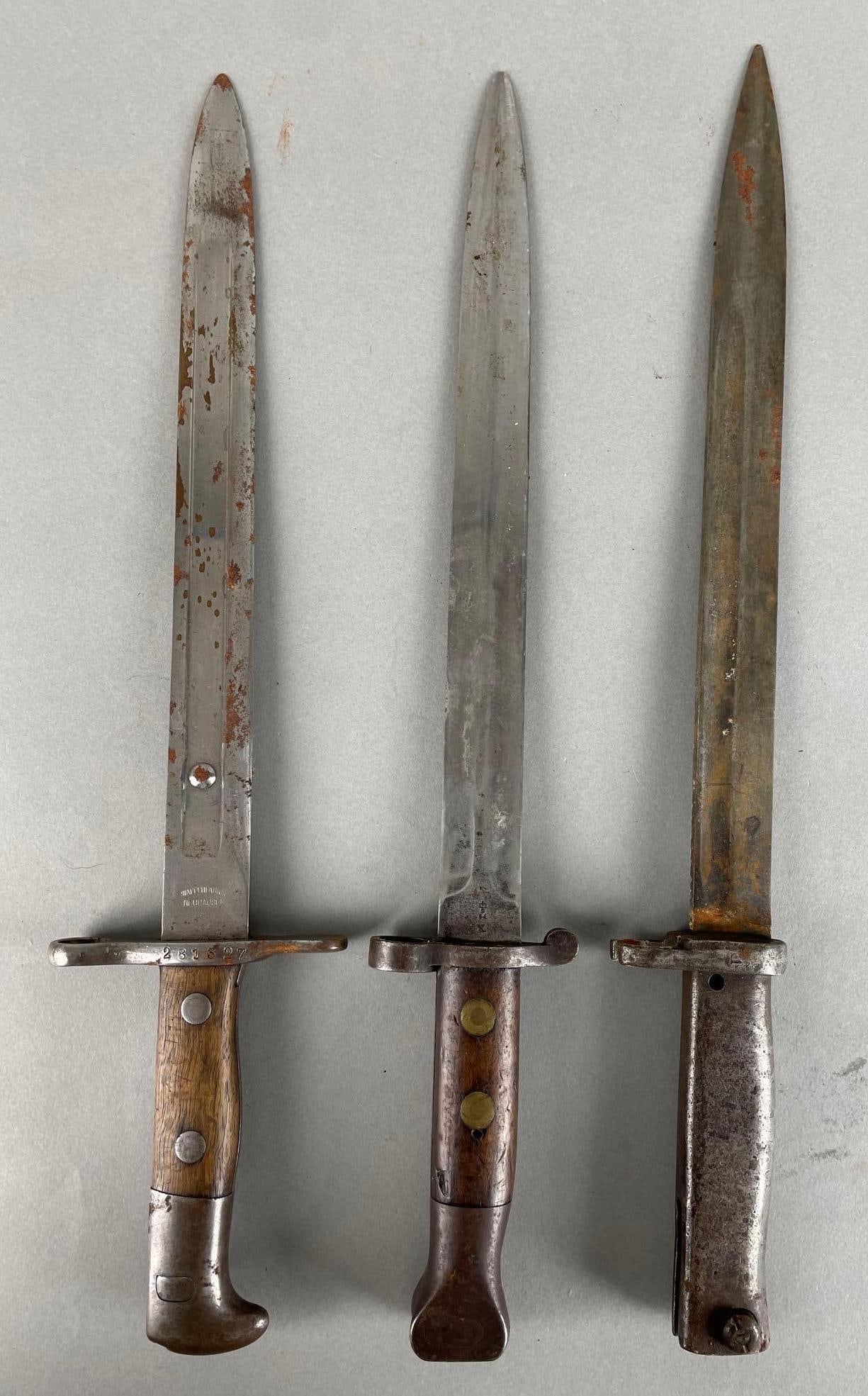 Group of 3 WW2 Era Bayonets: Includes German, British, longest measures 17 inches