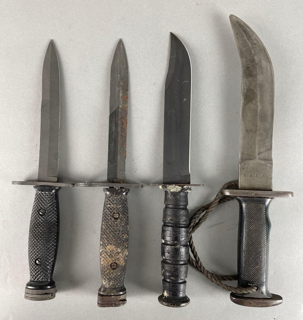 Group of 4 WW2 Era Knives and Bayonets: Includes M7 bayonets, U.S. Ontario knife, famae chile knife measuring 12 1/2 inches