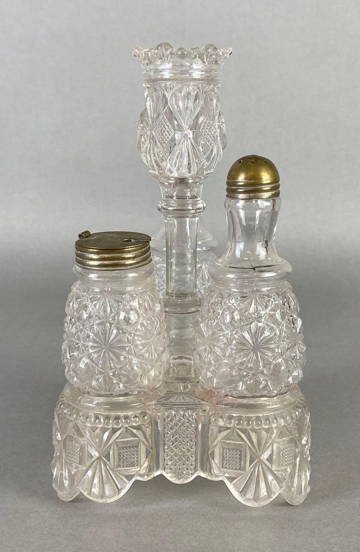 Belmont Glass Works Daisy Button Clear Pressed Glass Cruet Set (1 of 6)