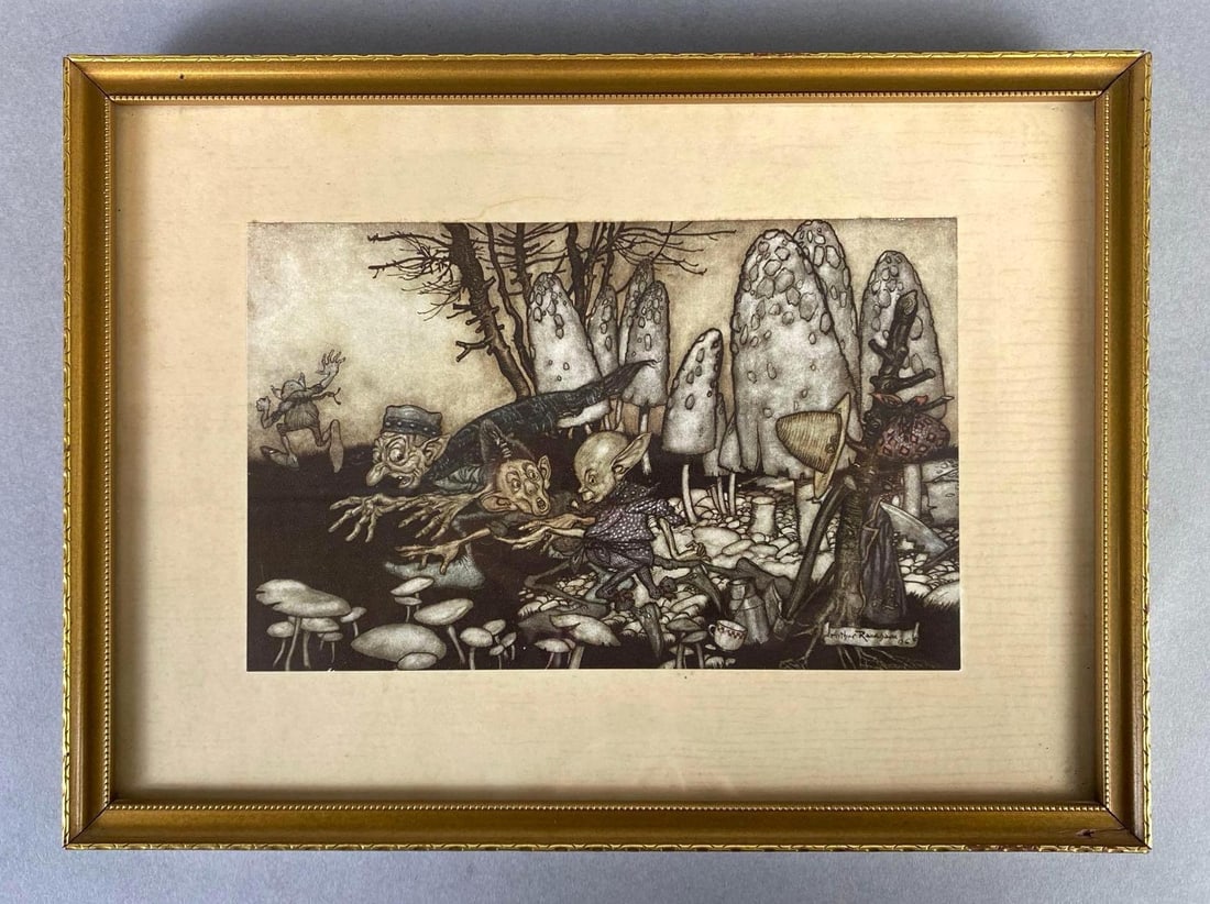 Arthur Rackham Peter Pan in Kensington Gardens Lithograph Print: Frame measures 7 3/4 x 10 1/2 inches, Lithograph measures 4 1/2 x 7 inches.
