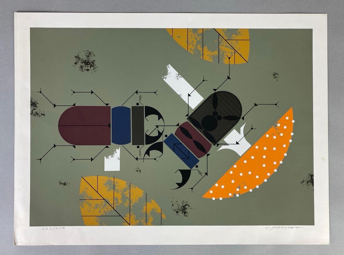 Charley Harper Beetle Battle Serigraph: Artists Signature on bottom right corner, Limited Edition No. 266/750, Serigraph series No. 15, Measures 15 1/4 x 20 1/2 inches, Folder measures 20 1/2 x and 1 1/4 inches.