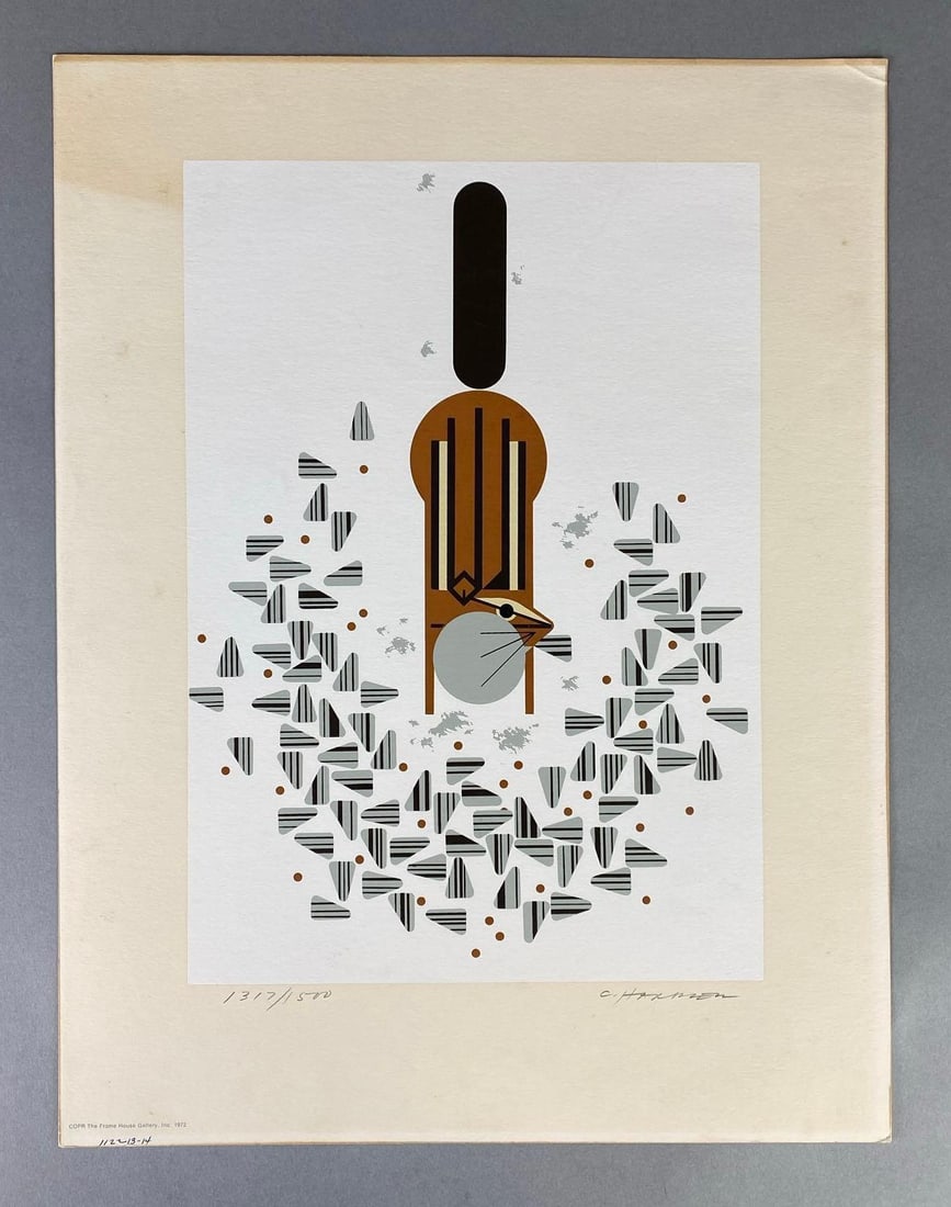 1972 Charley Harper Cheeky Chippy Serigraph: Artists signature on bottom right corner, Limited Edition No. 1317/1500, Serigraph series No. 21, Measures 17 x 13 inches, Folder measures 20 1/2 x 15 1/2 inches.