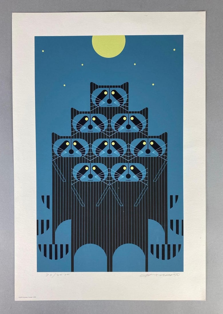 1975 Charley Harper Raccpack Serigraph: Artists signature on bottom right corner, Limited Edition No. 30/2000, Serigraph series No. 36, Measures 19 1/2 x 13 inches, Folder measures 20 1/2 x 15 1/4 inches.