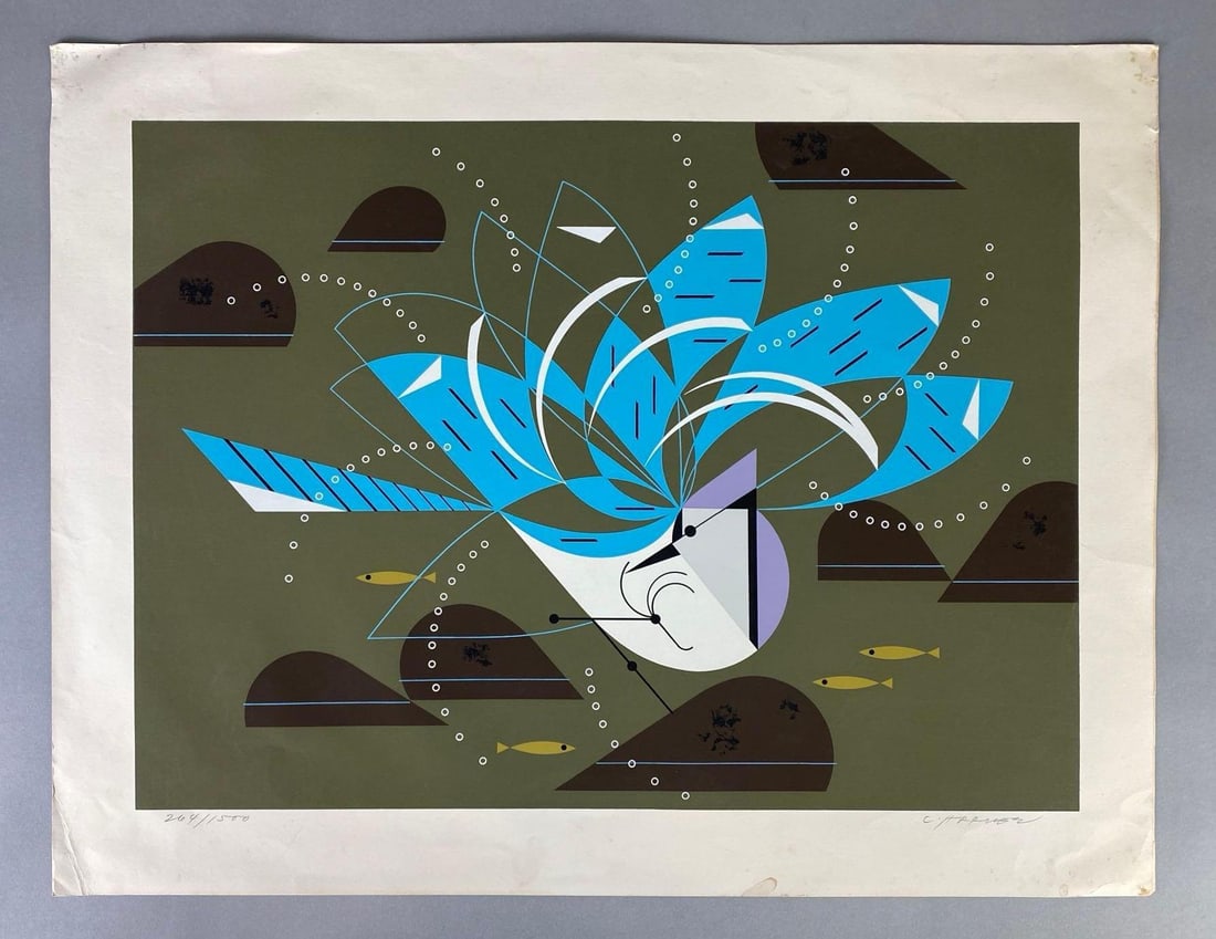 Charley Harper Bluejay Bathing Serigraph: Artists signature in bottom right corner, Limited Edition No. 264/1500, Some spots around edges, Measures 18 3/4 x 24 1/4 inches.