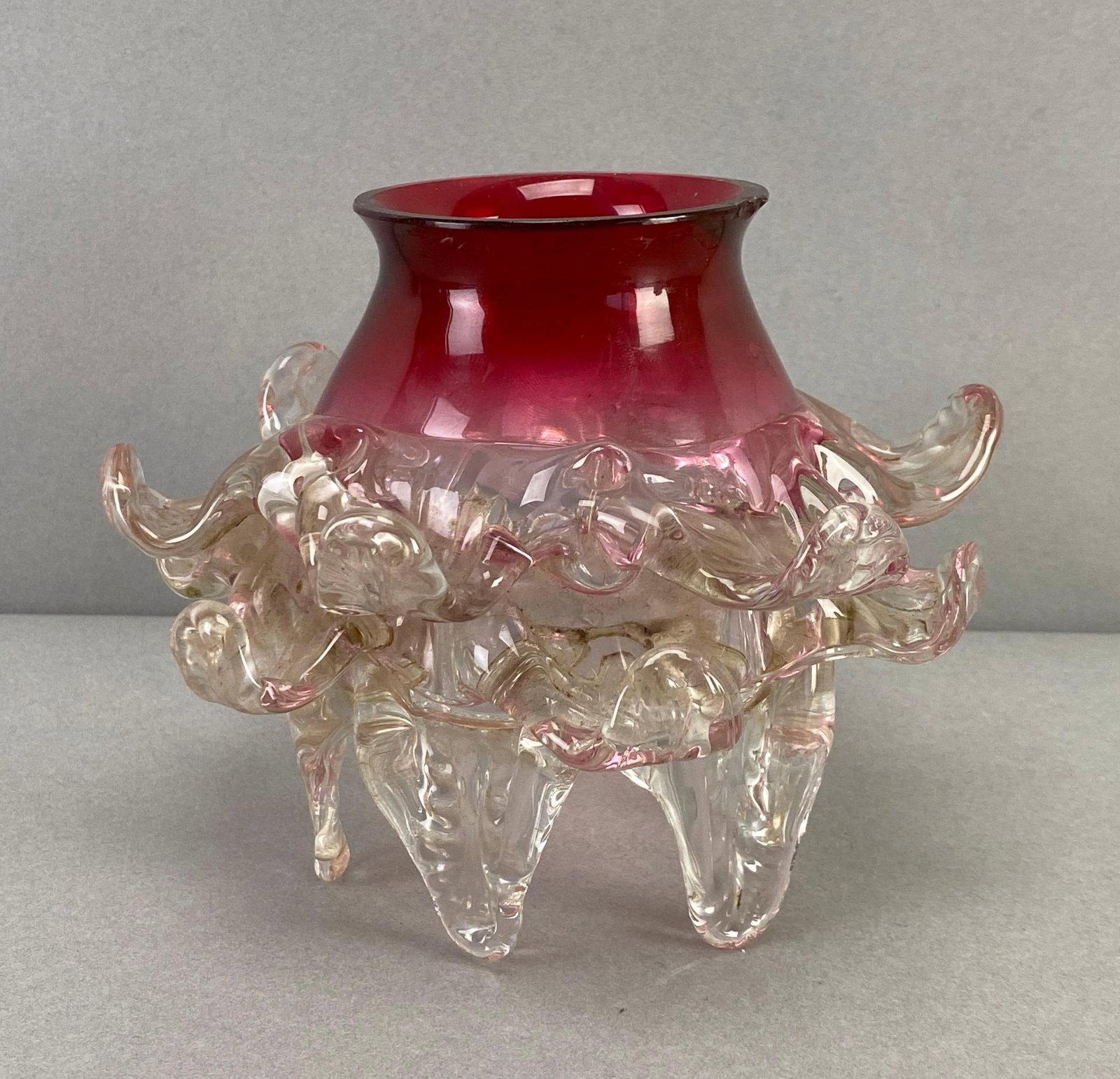 Antique Cranberry Flower Glass Lamp Shade: Applied clear glass flower petals, large chip on fitting, measures 4 1/2 x 5 x 5 inches with a 2 1/2 inch fitting