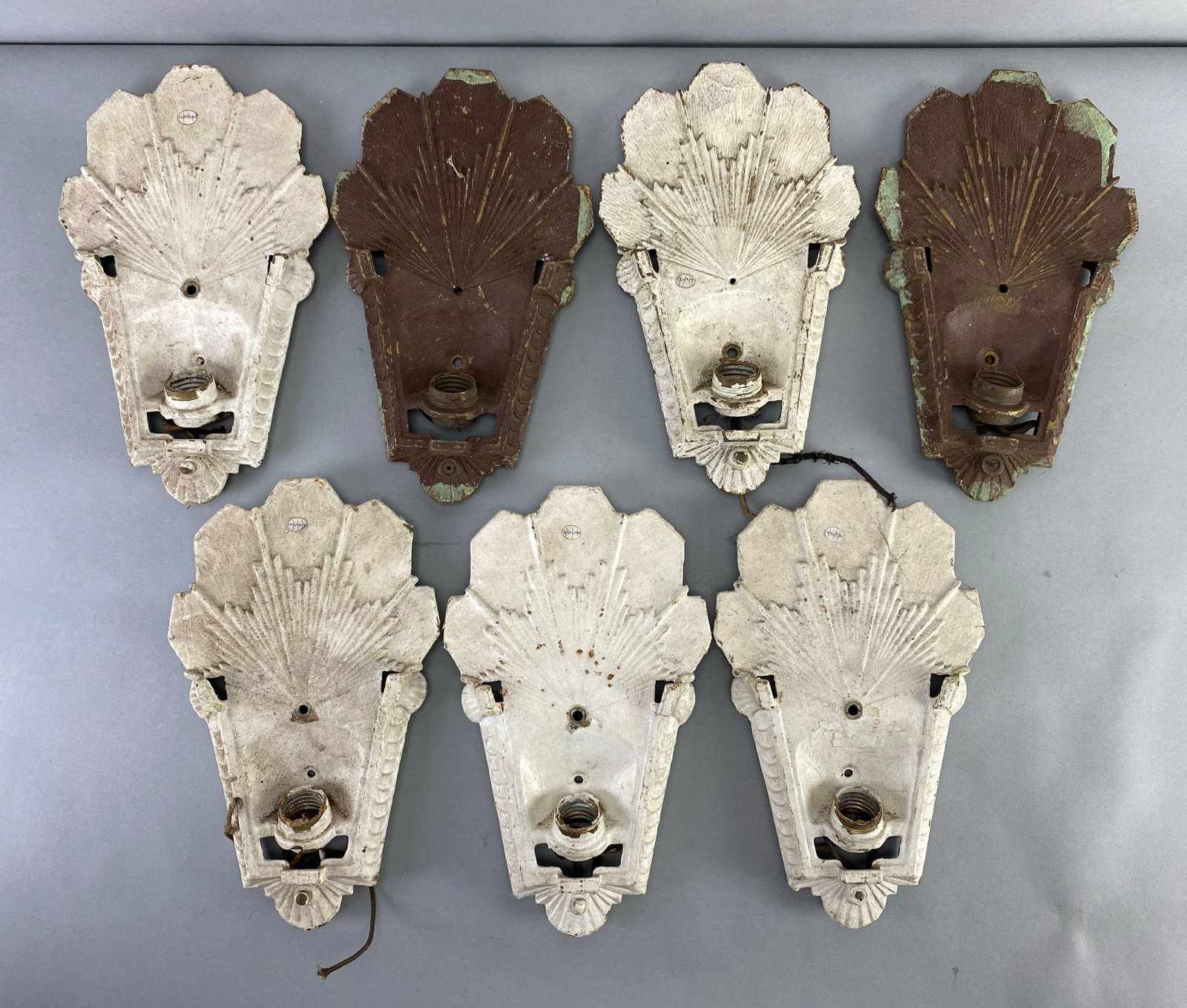Group of 7 Painted Metal Slip Shade Wall Sconces: Paint chipping throughout, each measures 12 x 7 inches