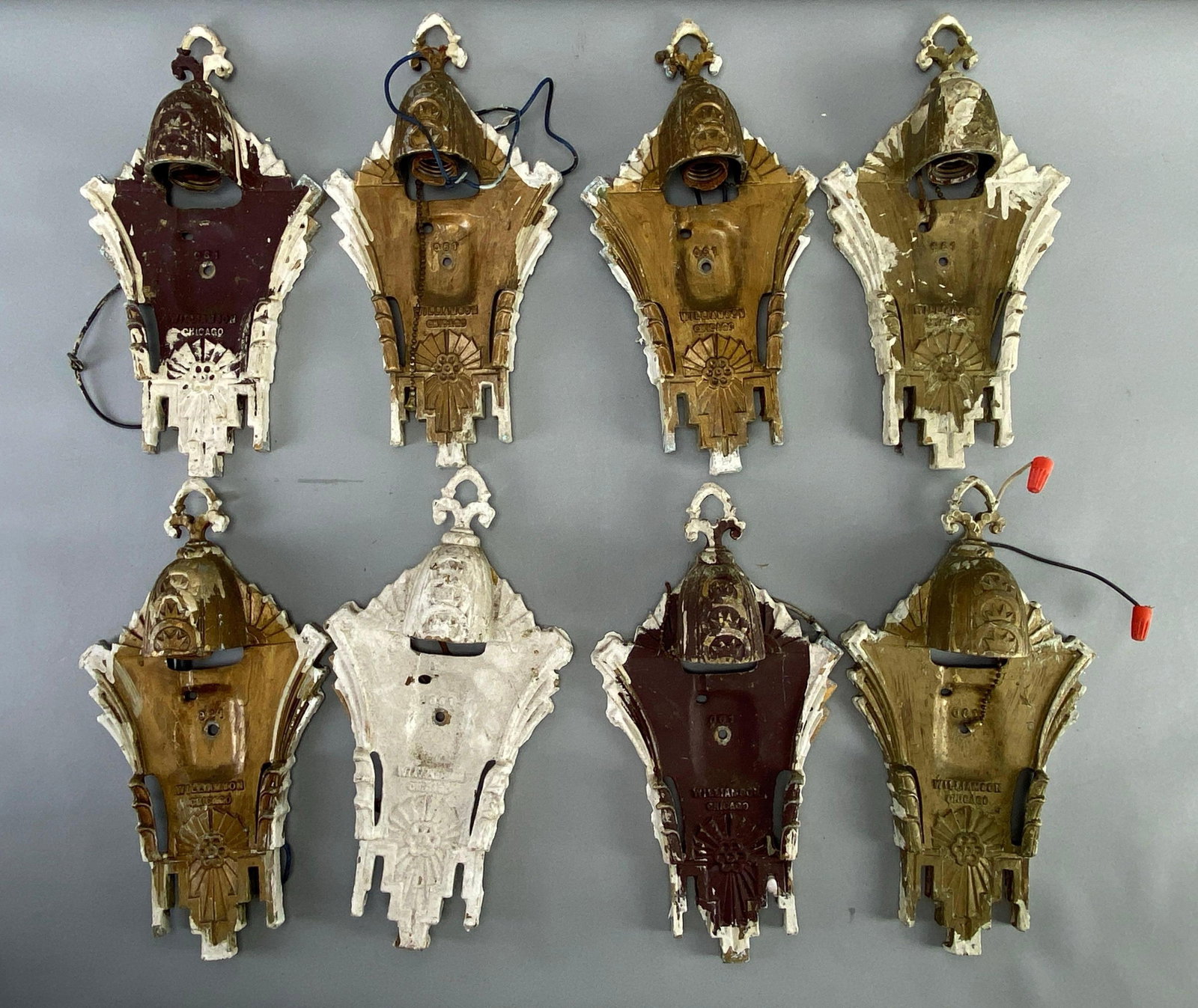Group of 8 Williamson Chicago Metal Slip Shade Wall Sconces: Paint chipping throughout, each measures 12 1/2 x 7 x 3 inches