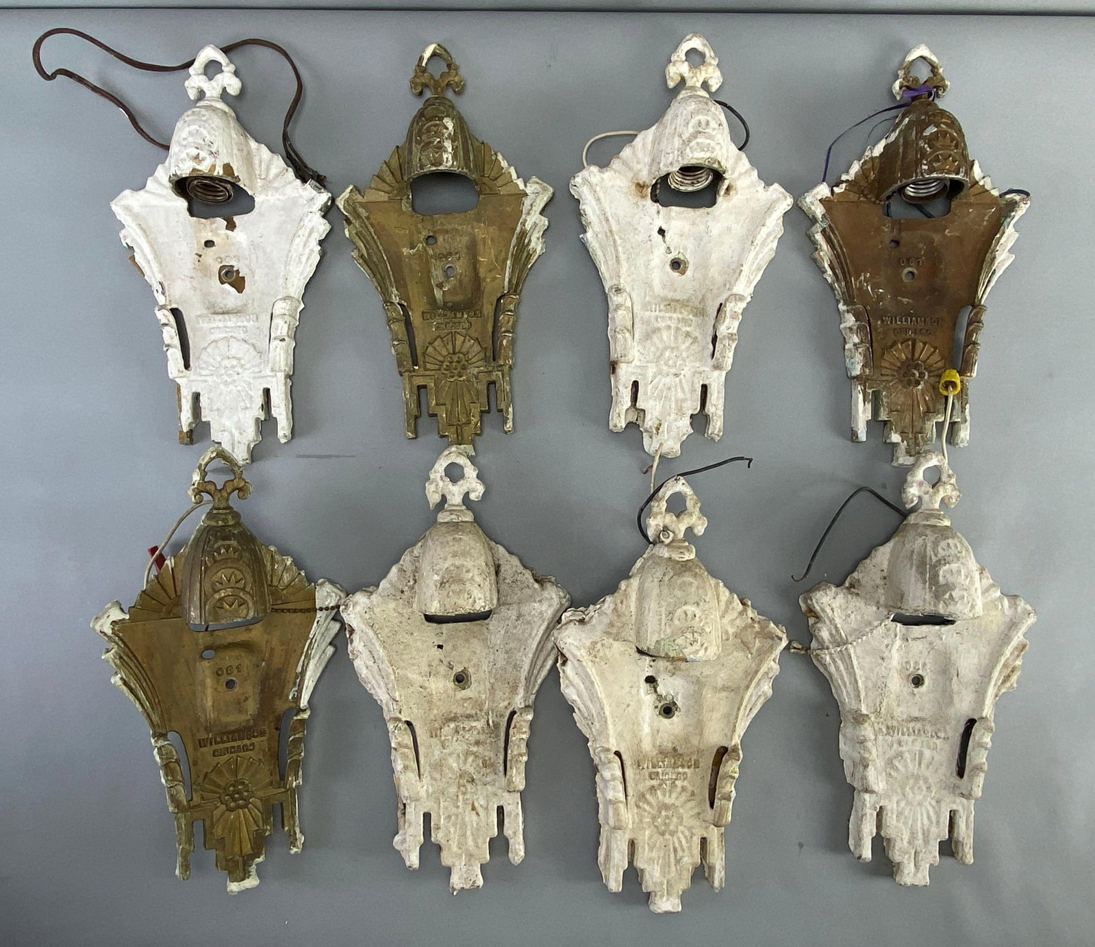 Group of 8 Williamson Chicago Metal Slip Shade Wall Sconces: Each measures 12 x 6 1/2 x 4 inches