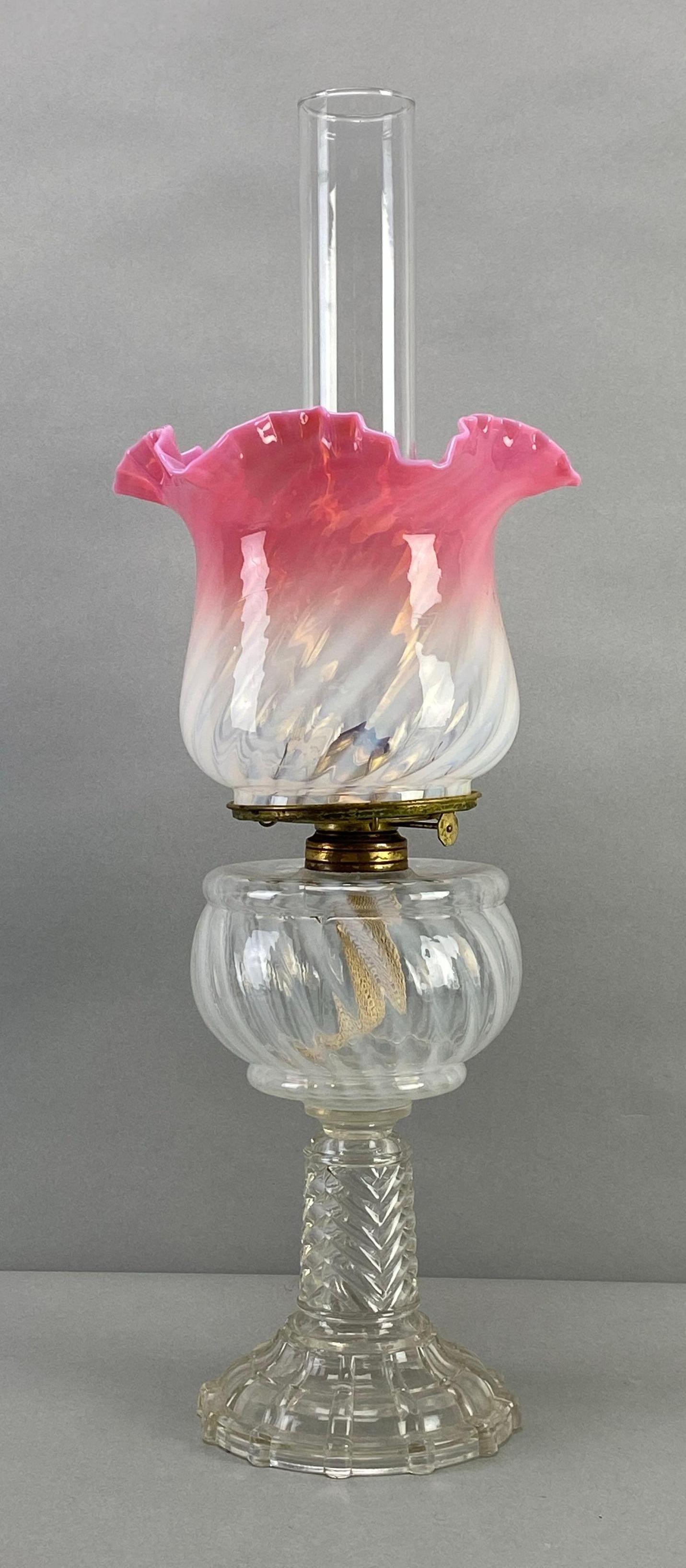 Antique Glass Oil Lamp with Ruffle Ribbon Pink Opalescent Shade: Measures 22 x 7 1/2 x 7 1/2 inches