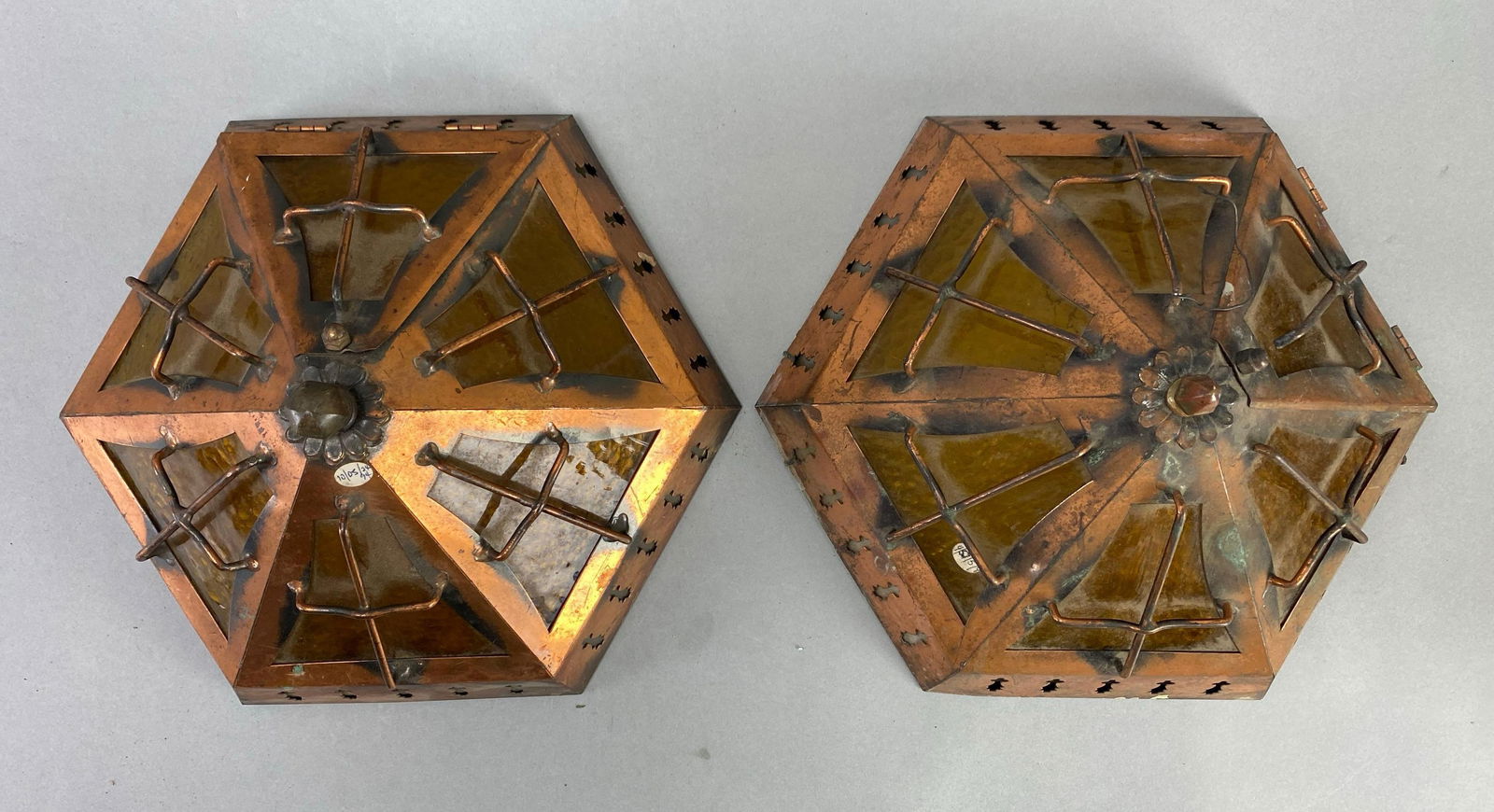 Pair of Antique Metal Yellow Textured Glass Ceiling Light Fixtures (1 of 3)
