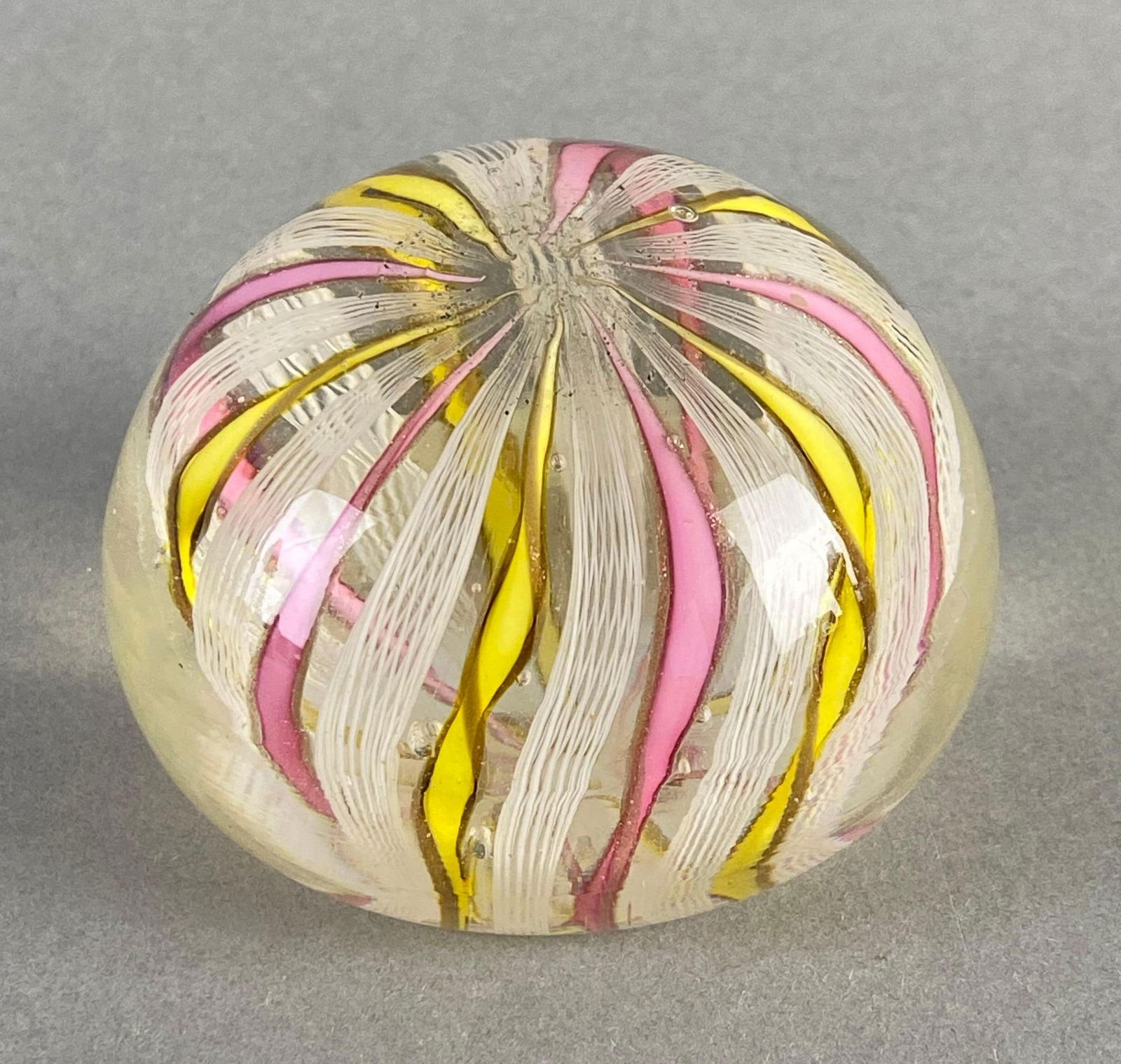 Pink Yellow Swirled Glass Paper Weight: Measures 1 3/4 x 2 1/2 x 2 1/2 inches