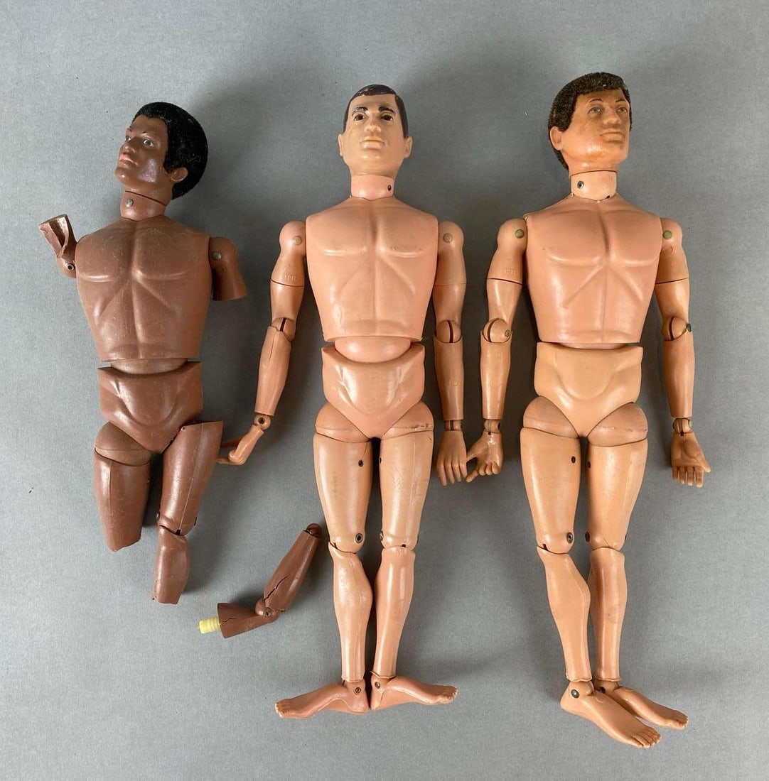 Group of 3 Vintage Hasbro GI Joe Action Figures: Black soldier is damaged, flocked is damaged.