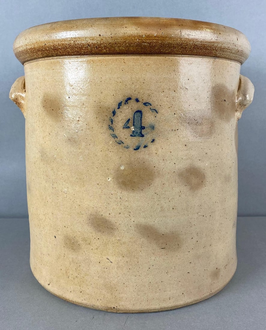 Antique 4 Gallon Salt Glazed Stoneware Crock: Does have a crack. Measures 11 1/2 x 12 x 11 1/4 inches.