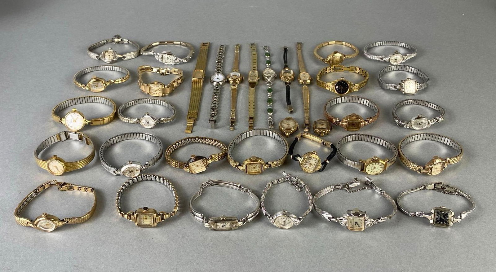 Group of Womens Bulova Wristwatches: Group of Womens Bulova wristwatches, Largest measures 7 3/4 inches around.