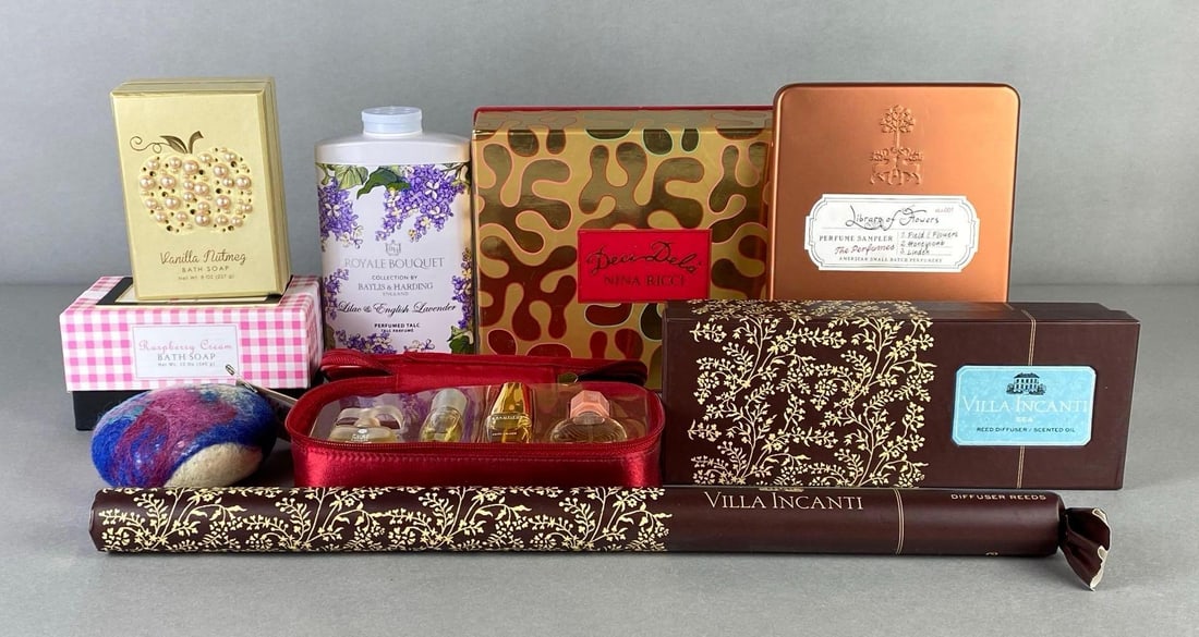 Group of Womens Perfumes, Soaps, and More: Includes perfume sets, bath soaps, reed diffuser, and more, Most in original packaging, Longest box measures 17 x 1 1/4 x 1 1/4 inches.