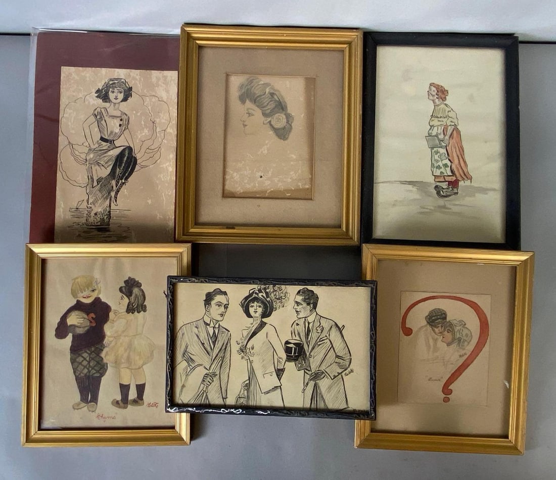 Group of 6 1910s-1920s Drawings: Some with artists signatures, Largest frame measures 13 x 10 3/4 inches.