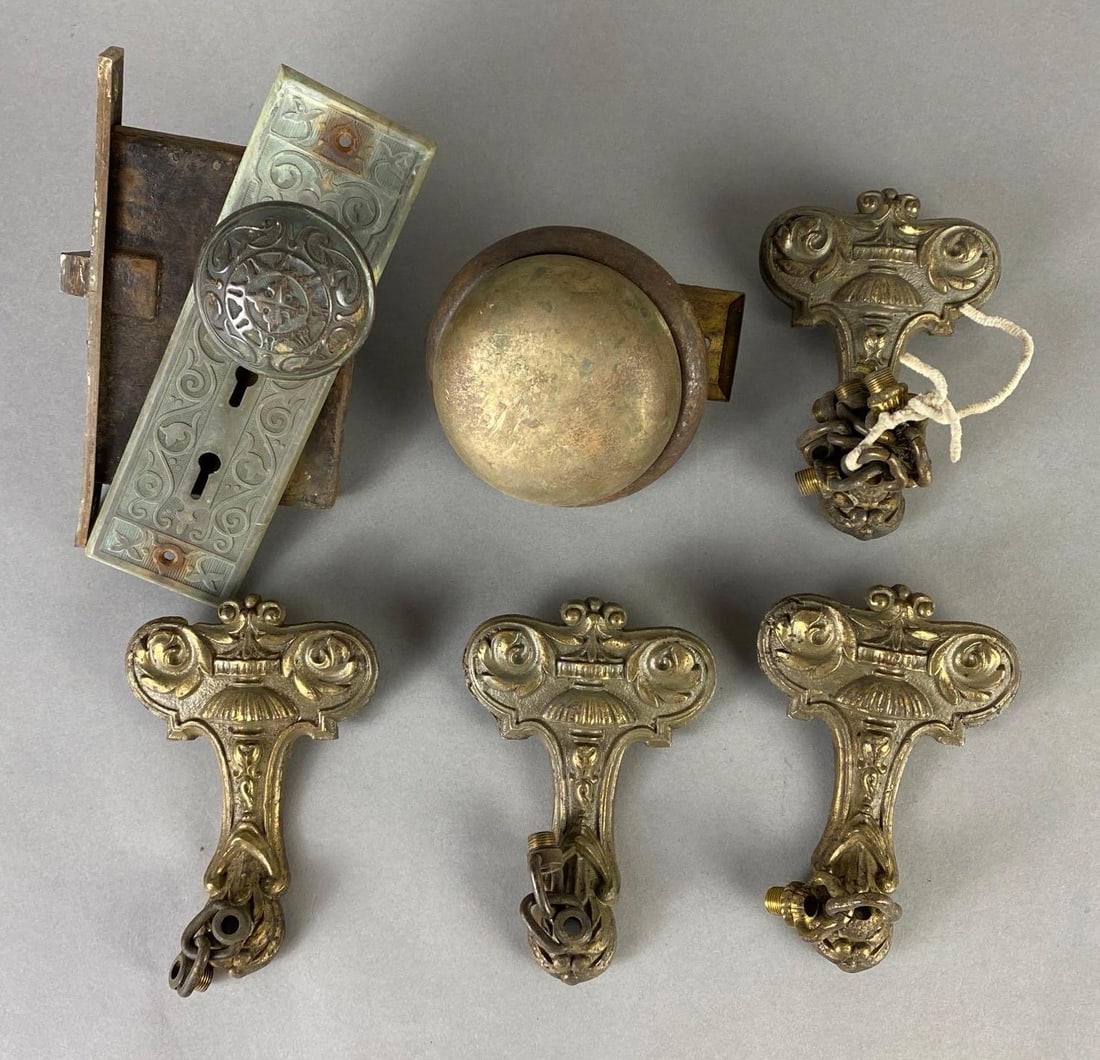 Group of Antique Hardware: Includes doorknob, doorbell, and fixtures, Largest measures 7 1/2 x 3 1/4 x 6 inches.