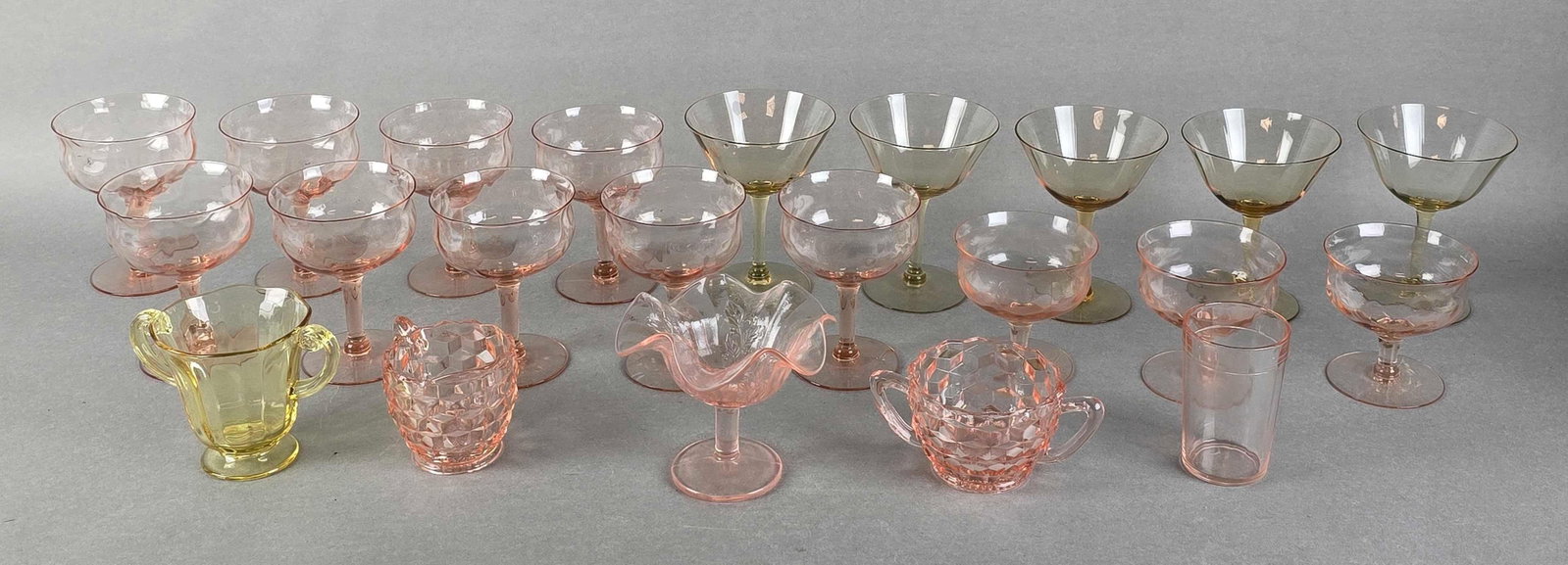 Group of Depression Glass Glasses and More: Includes Vaseline Glass, some chips throughout, largest measures 5 x 4 x 4 inches