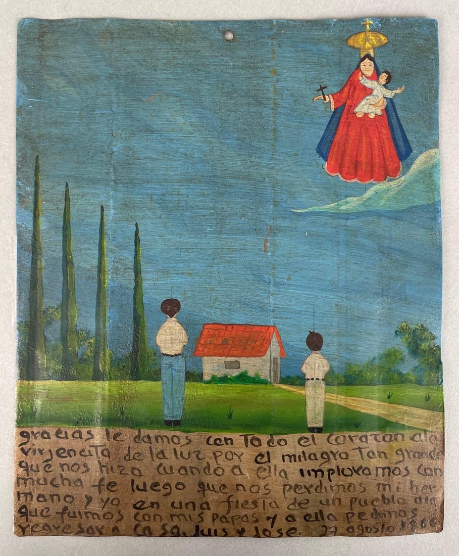 1966 Ex-Voto Virgin Mary Retablo Painting on Tin: Description on back, measures 9 1/2 x 7 3/4 inches