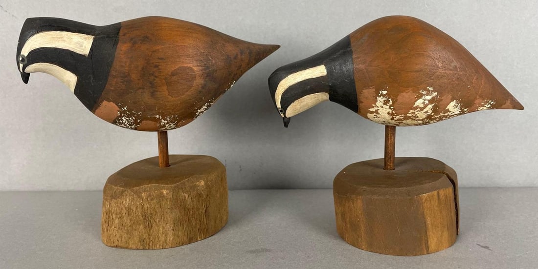 Group of 2 Hand Painted Wood Quail Statue: Largest measures 5 x 5 3/4 x 3 inches