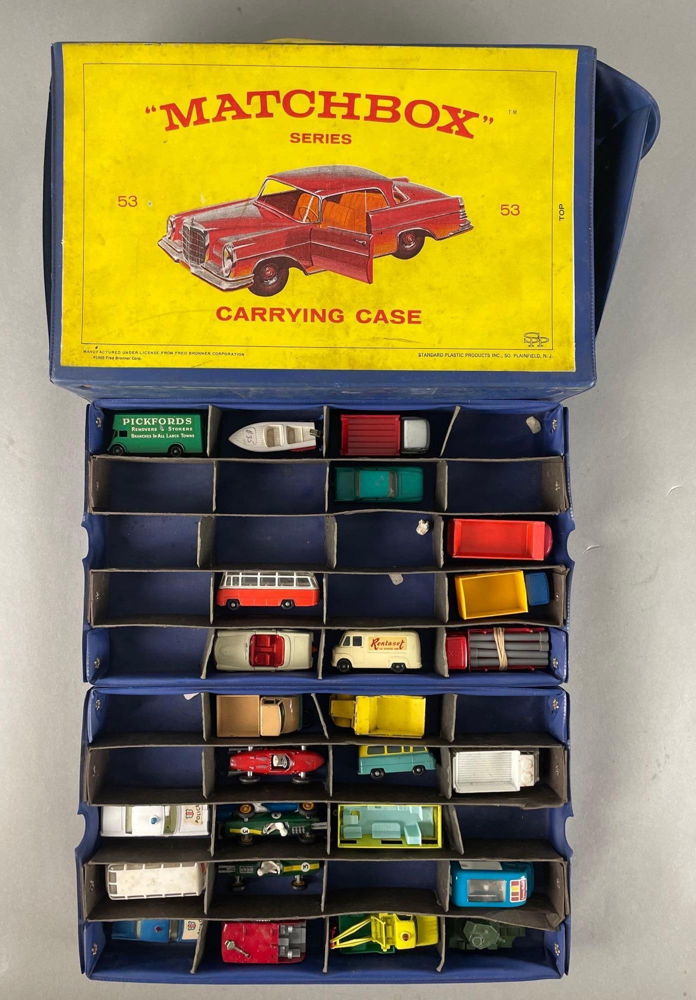 1965 Matchbox Series Carrying Case with Die-Cast Vehicles: Handle broken on case. Includes Mercedes coach, F1 Ferrari, commer cream canteen, and more