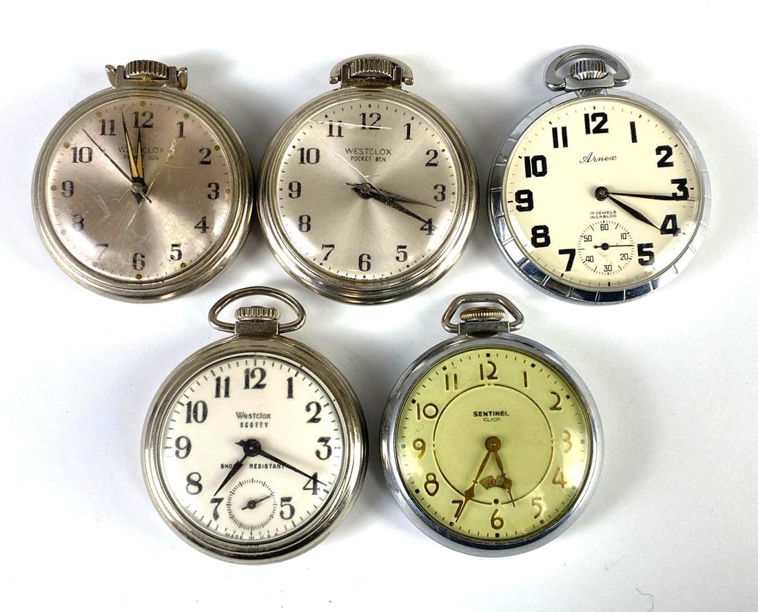 Group of 5 Open-Faced Pocket Watches: Untested, Includes Westclox, Arnex, Sentinel, and more, Some scratches on crystal, Largest measures 2 1/2 x 2 inches.