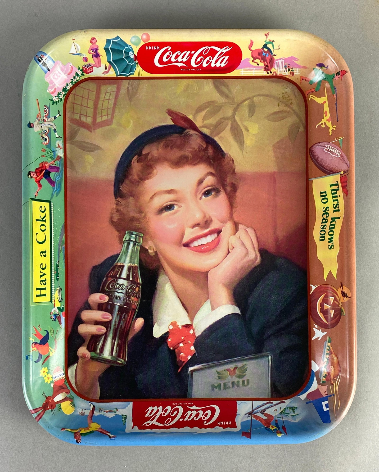 Vintage Thirst Knows No Season Coca-Cola Advertising Metal Drink Tray: Measures 13 1/4 x 10 3/4 inches