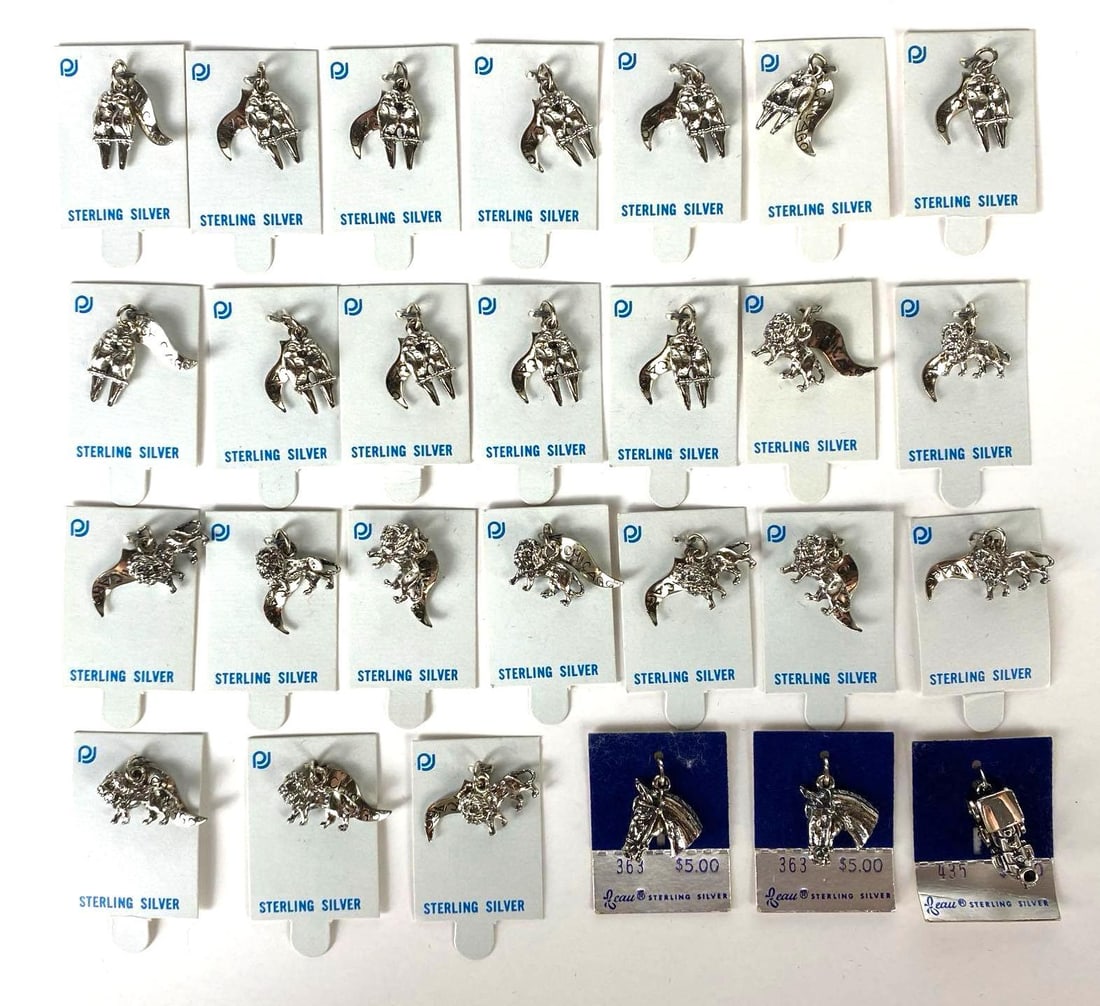 Group of 20+ Sterling Silver Charms: Includes Chicago pennant with birds, Chicago pennant with lion, horse, abs train, Largest Meashres 1 inch long.