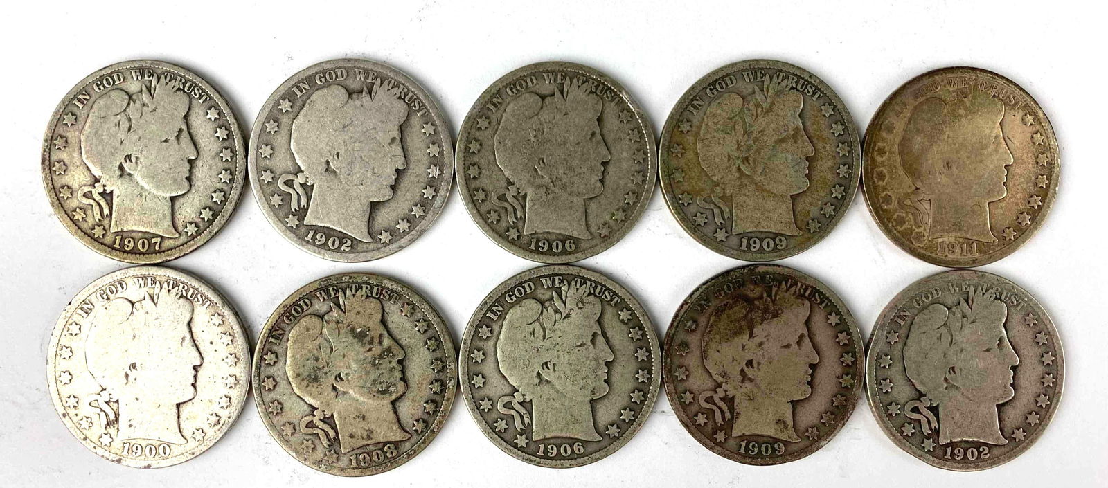 Group of 10 Barber Silver Half Dollars (1 of 2)