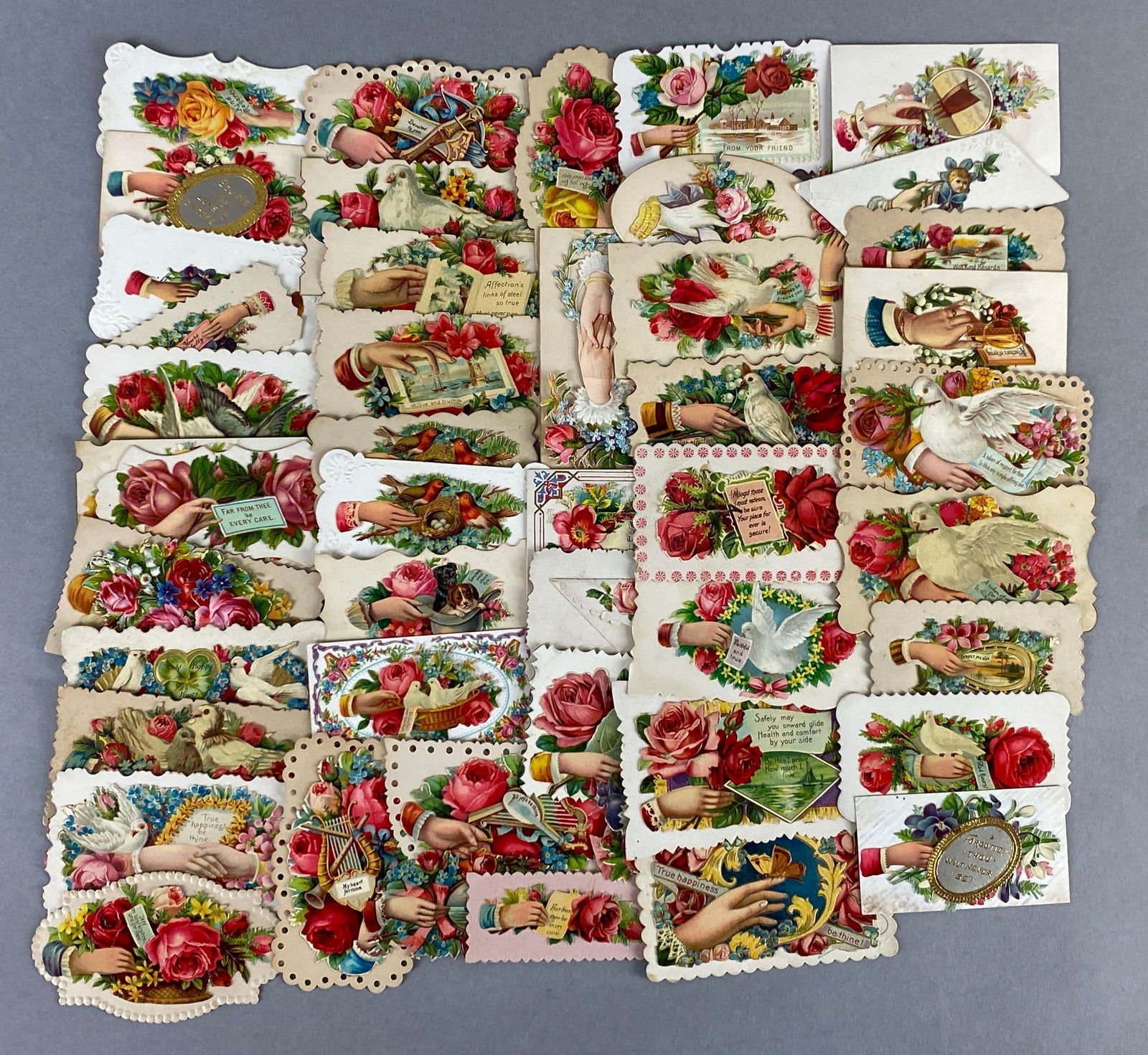 Group of Vintage Calling Cards: Includes roses, doves, instruments and more, Largest measures