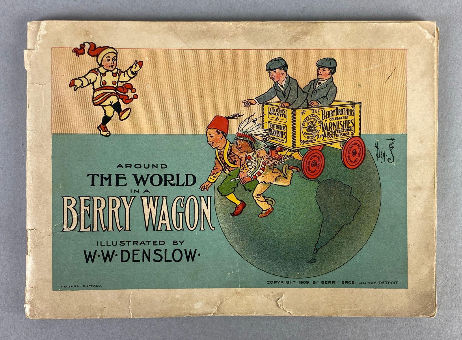 1909 Around The World In A Berry Wagon Illustrated Wagon: some internal pages separated from spine, measures 7 1/4 x 5 1/4 inches