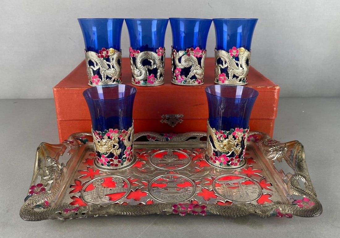 Vintage Japanese Silver Plate Tea Glasses and Tray (1 of 7)
