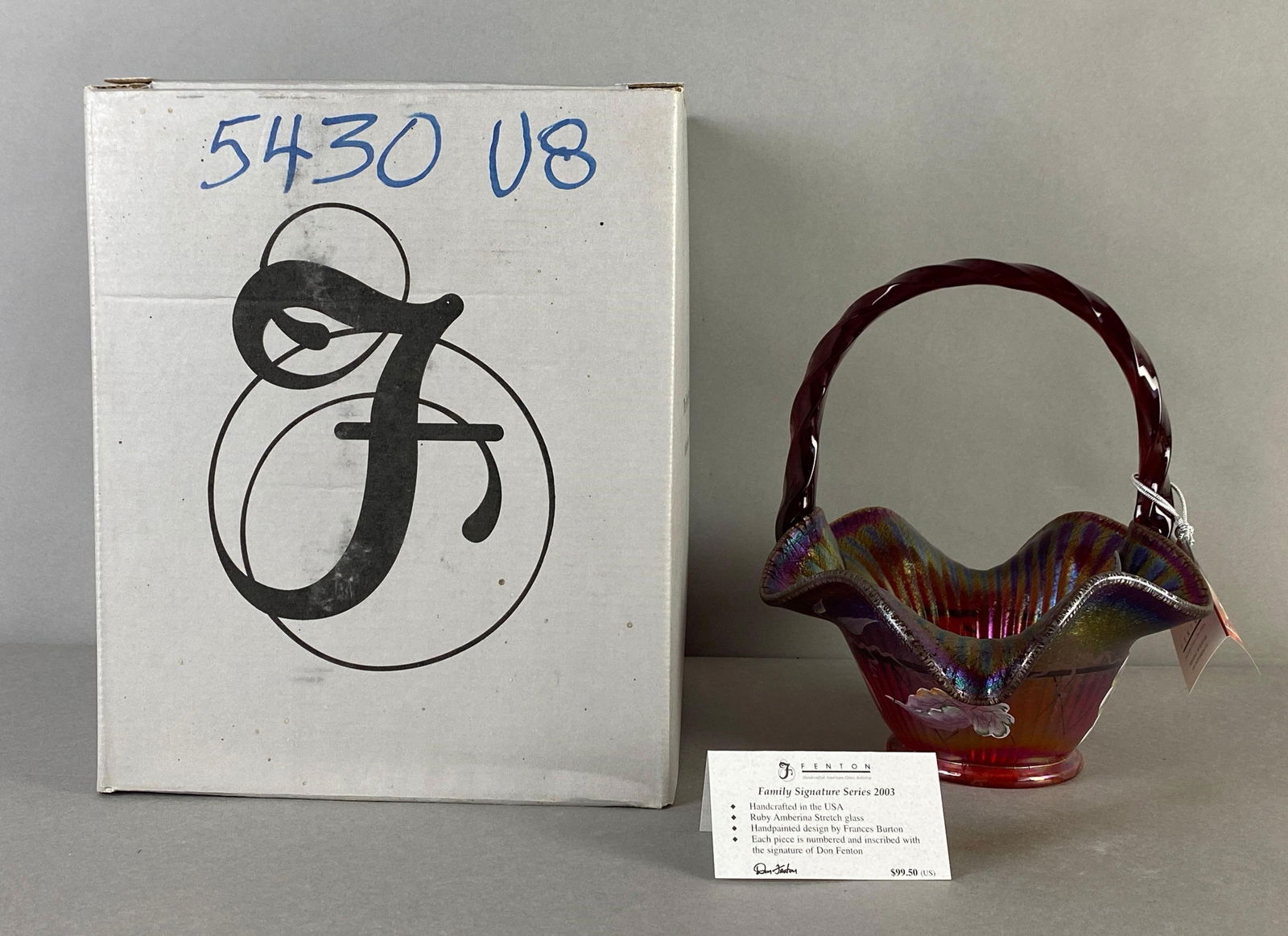 Fenton Signed Hand Painted Ruby Amberina Stretch Glass Basket (1 of 5)