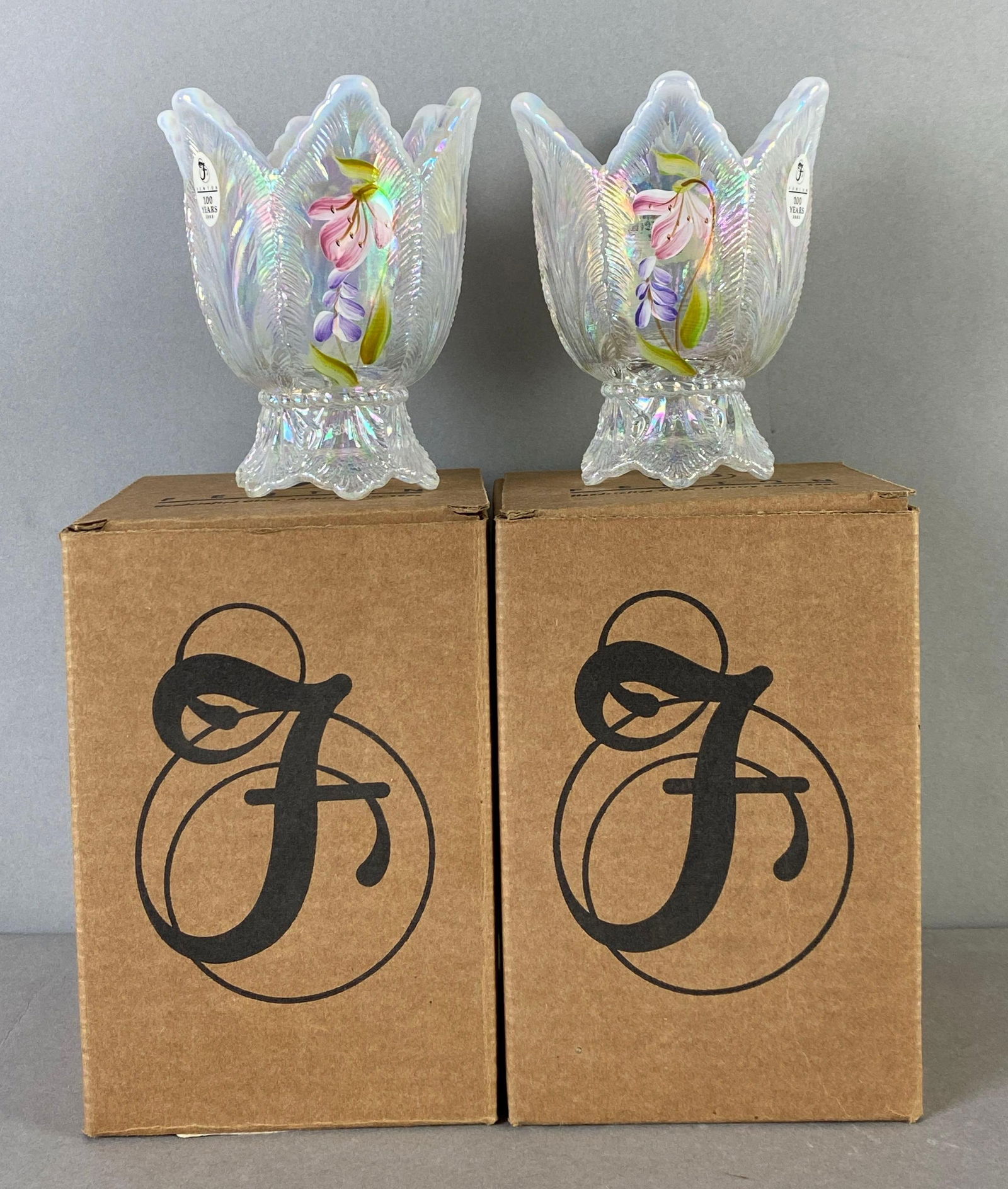 Group of 2 Fenton Signed Hand Painted Iridescent Glass Candle Holder (1 of 5)