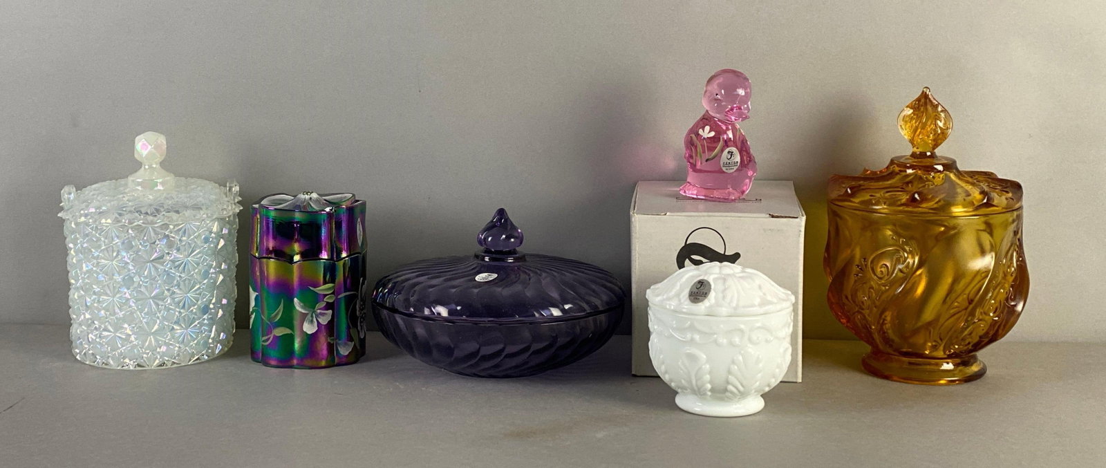 Group of 6 Fenton Art Glass Glassware: Includes duck, trinket boxes, jars and more, largest measures 7 x 4 1/2 x 4 1/2 inches