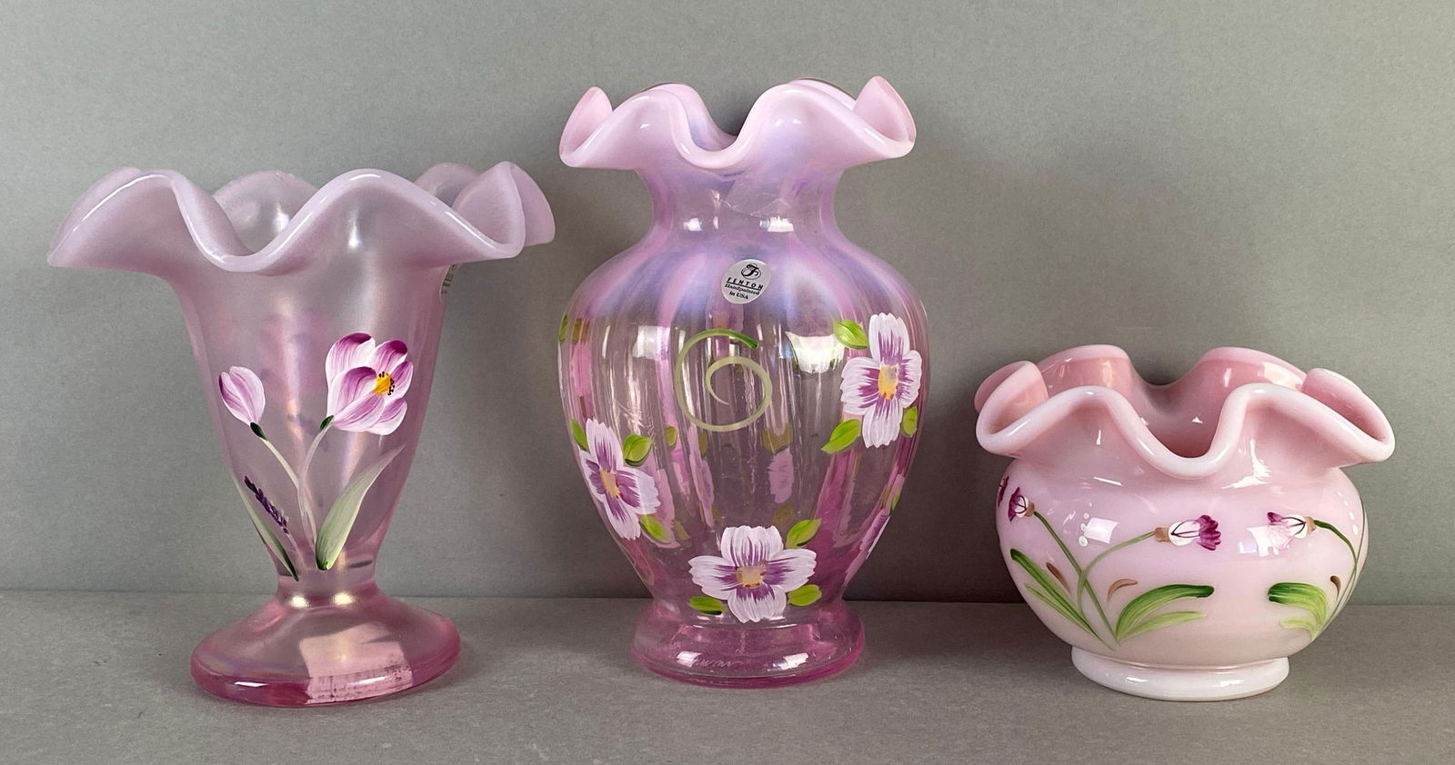 Group of 3 Fenton Signed Hand Painted Pink Ruffled Glassware (1 of 4)