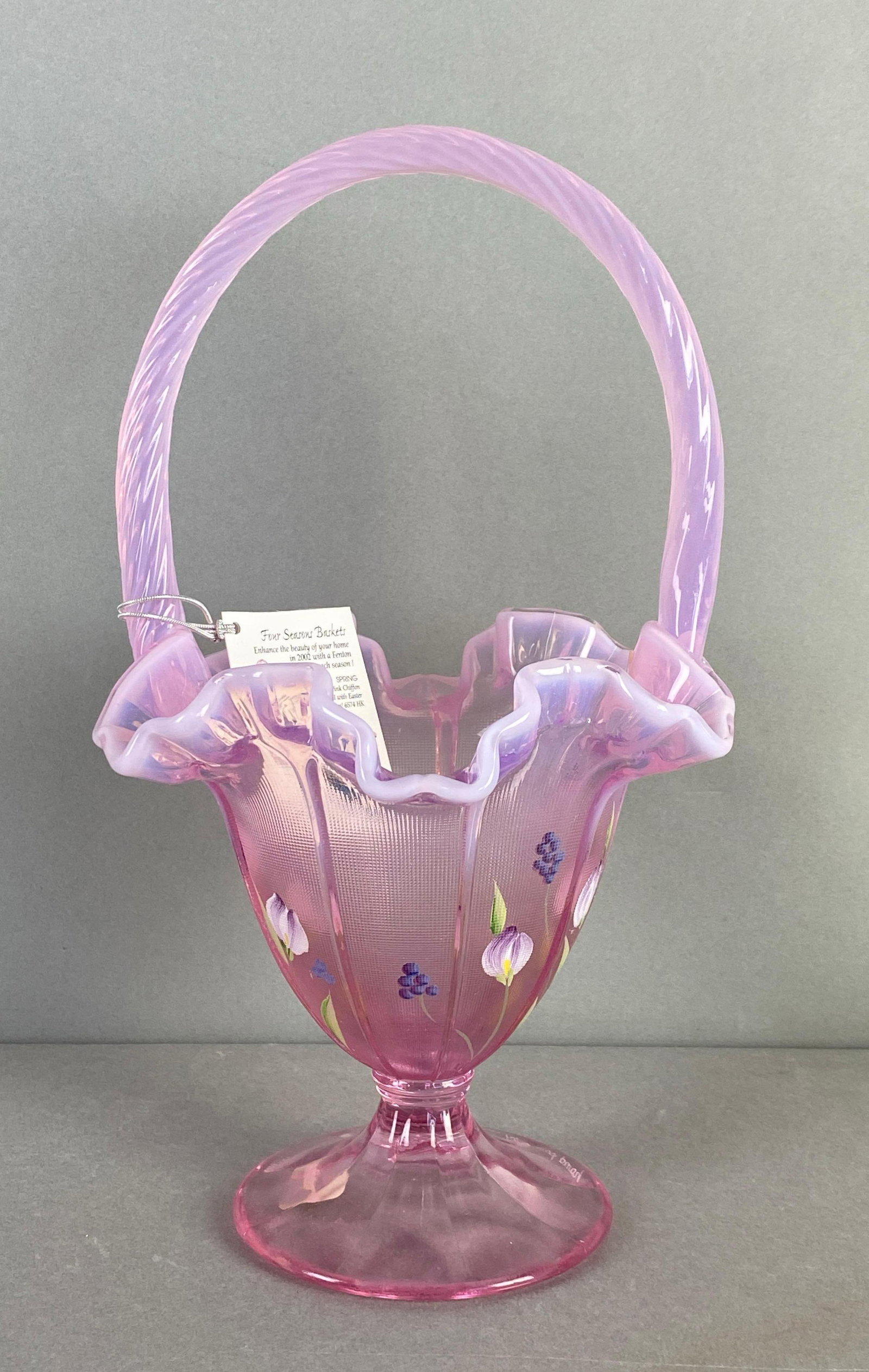 Fenton Four Seasons Signed Hand Painted Pink Ruffled Ribbon Glass Basket (1 of 7)