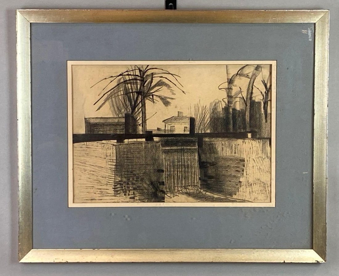 1958 H. Spencer Palm Tree Town Charcoal Drawing on Paper (1 of 3)