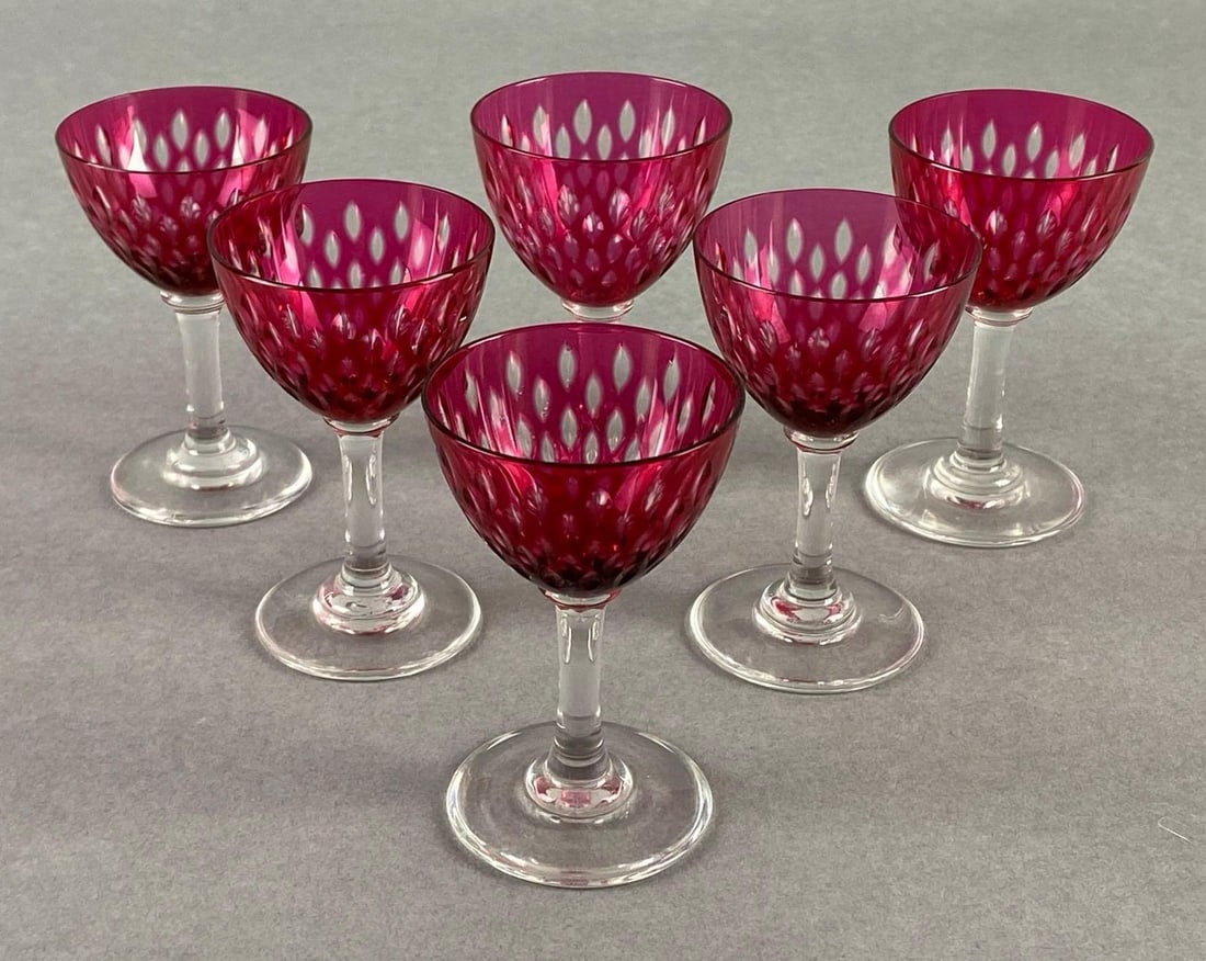 Group of 6 Cranberry Cut to Clear Paris Cut Cordial Glasses (1 of 4)