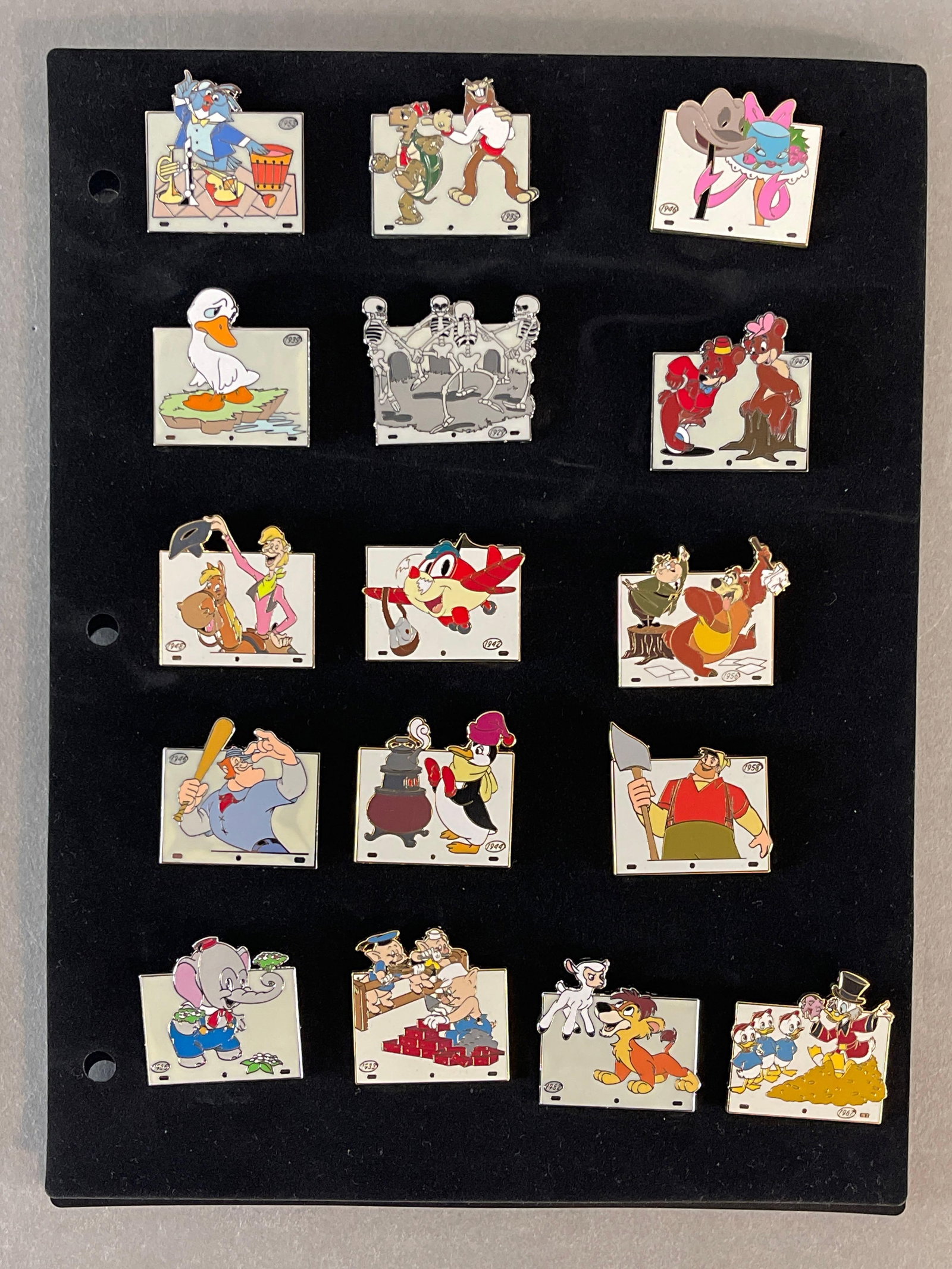 Group of 16 Disney Enamel Pins: Includes The Turtle and the Hare, 3 Little Pigs, Casey at Bat, and More, Largest Measures 2 x 2 Inches