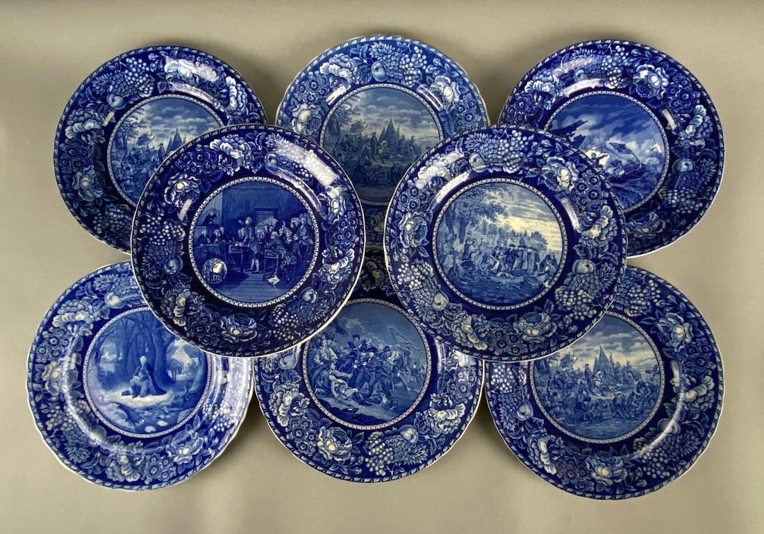 Group of 8 Staffordshire Historical Flo Blue Transferware Porcelain Plates (1 of 5)