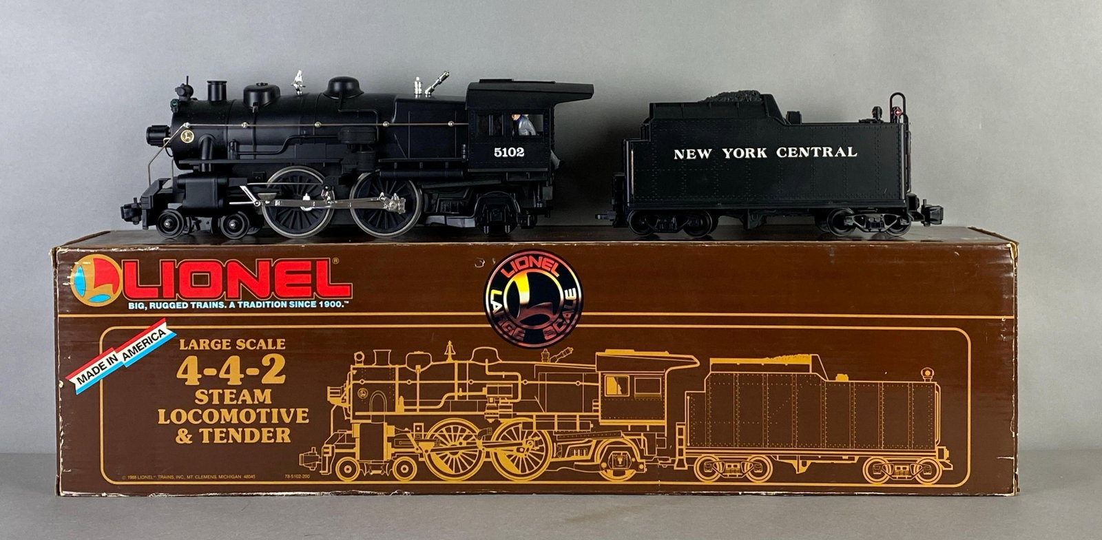 1988 Lionel G Scale 4-4-2 Steam Locomotive and Tender: Like new in original box, locomotive measures 19 inches in length