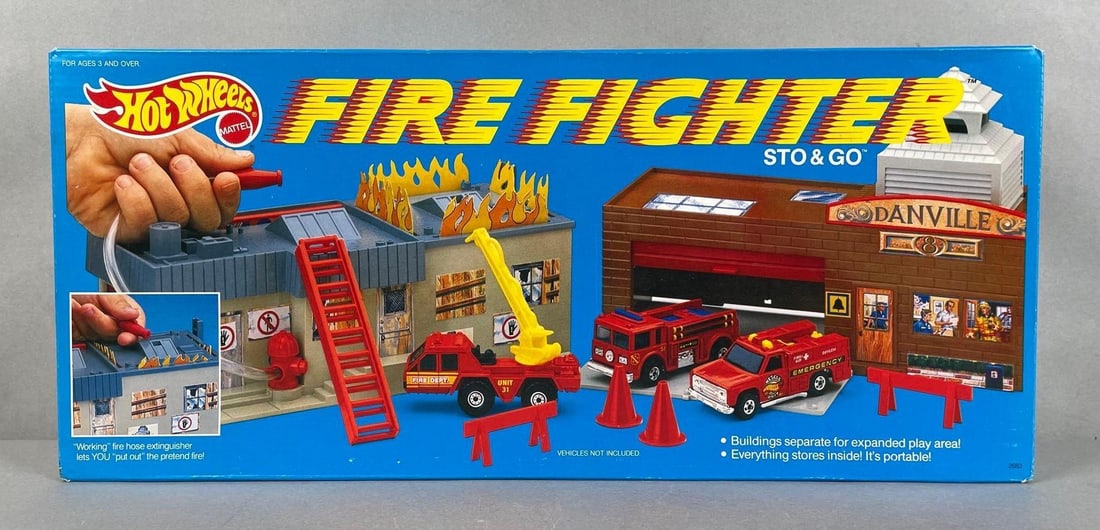 1988 Mattel Hot Wheels Fire Fighter Sto and Go Playset: Sealed original packaging measures 7 1/2 x 17 x 3 1/2 inches