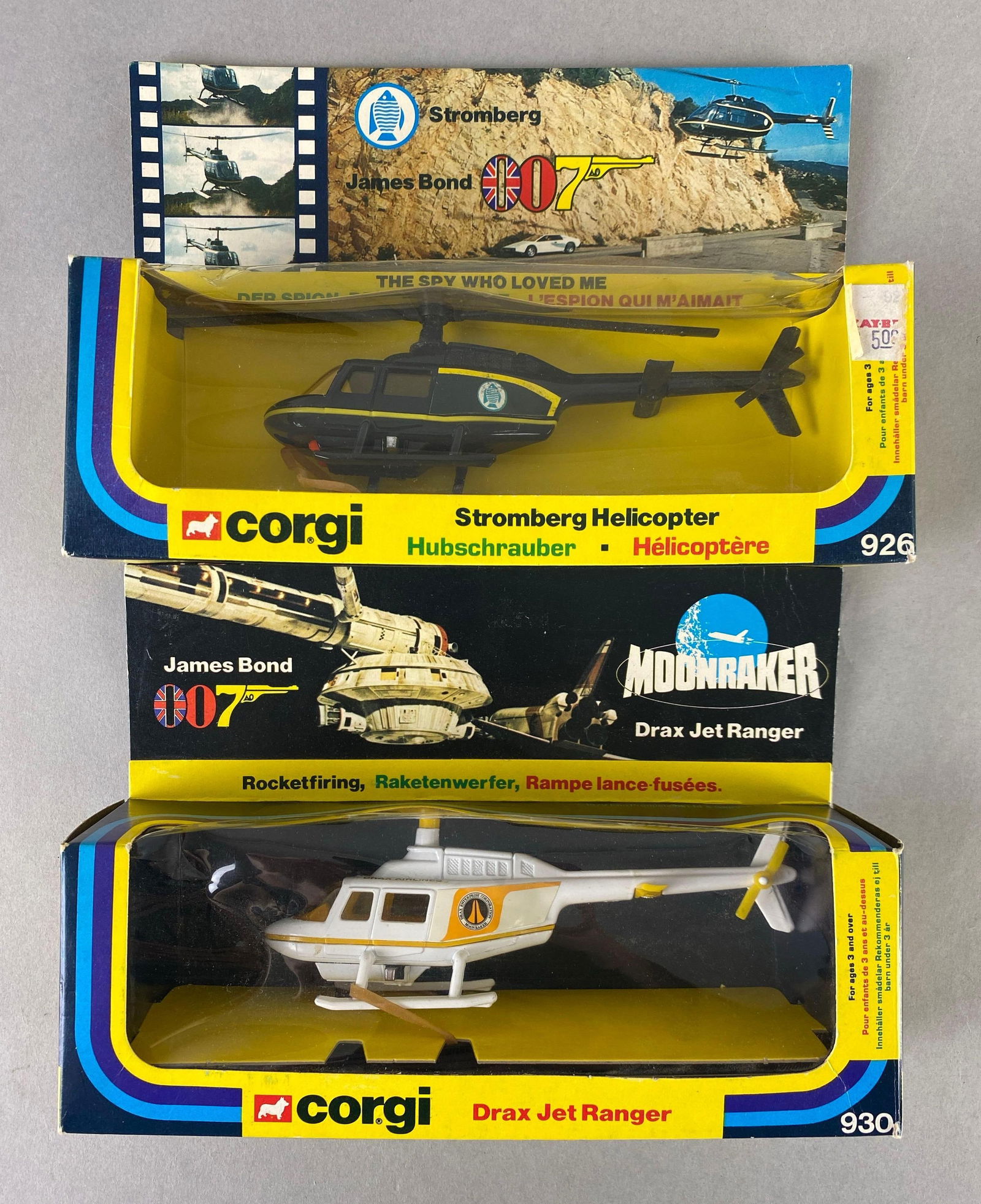 Group of 2 Corgi Die-Cast James Bond 007 Iconic Helicopters: 1 / 36 scale, includes Dracula Jet Ranger and Stromberg Helicopter, both like new in original packaging